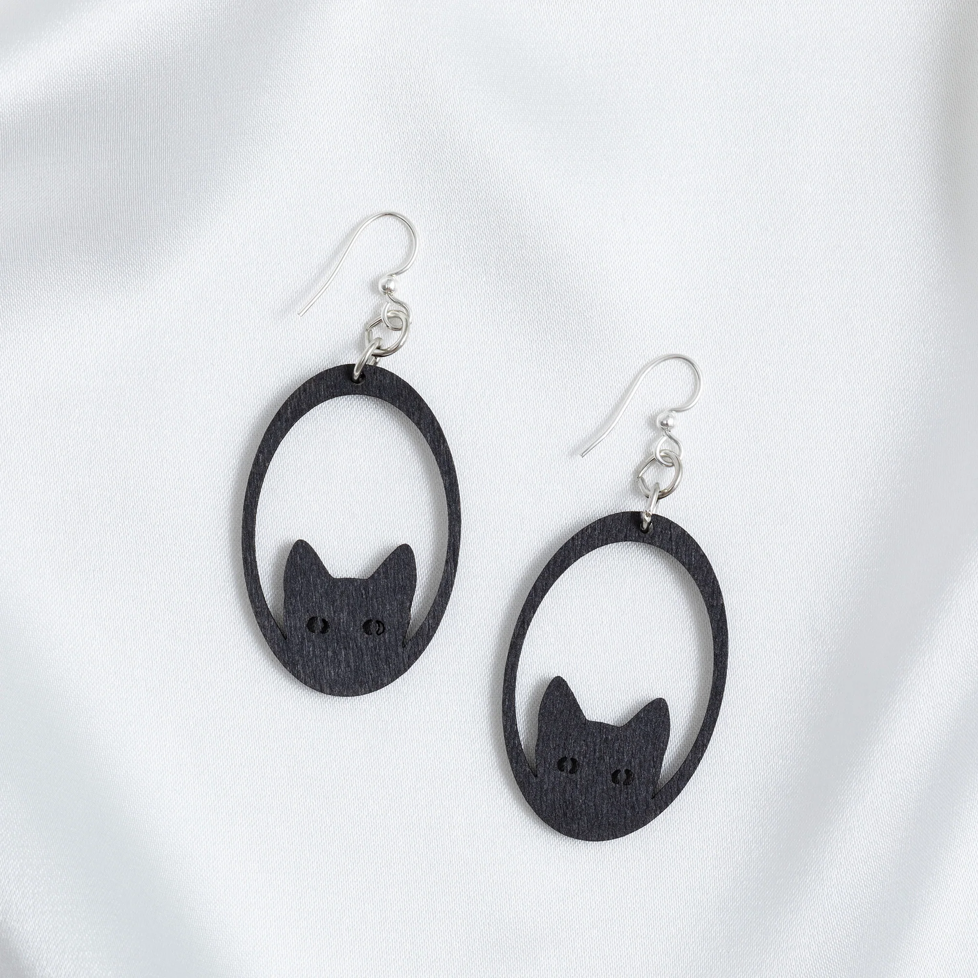 Sneaky Black Cat Wooden Earrings - Image 3