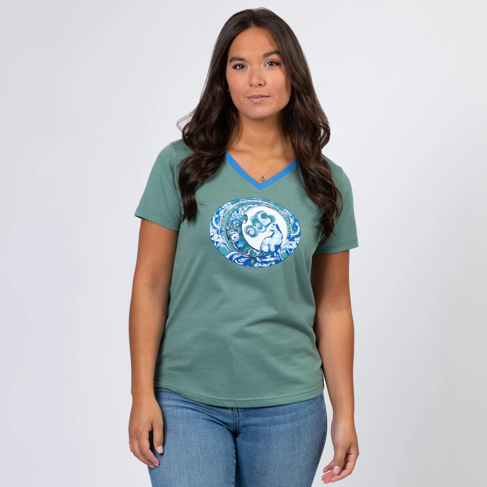 Cat & Moon Contrast V-Neck Tee - Image 5