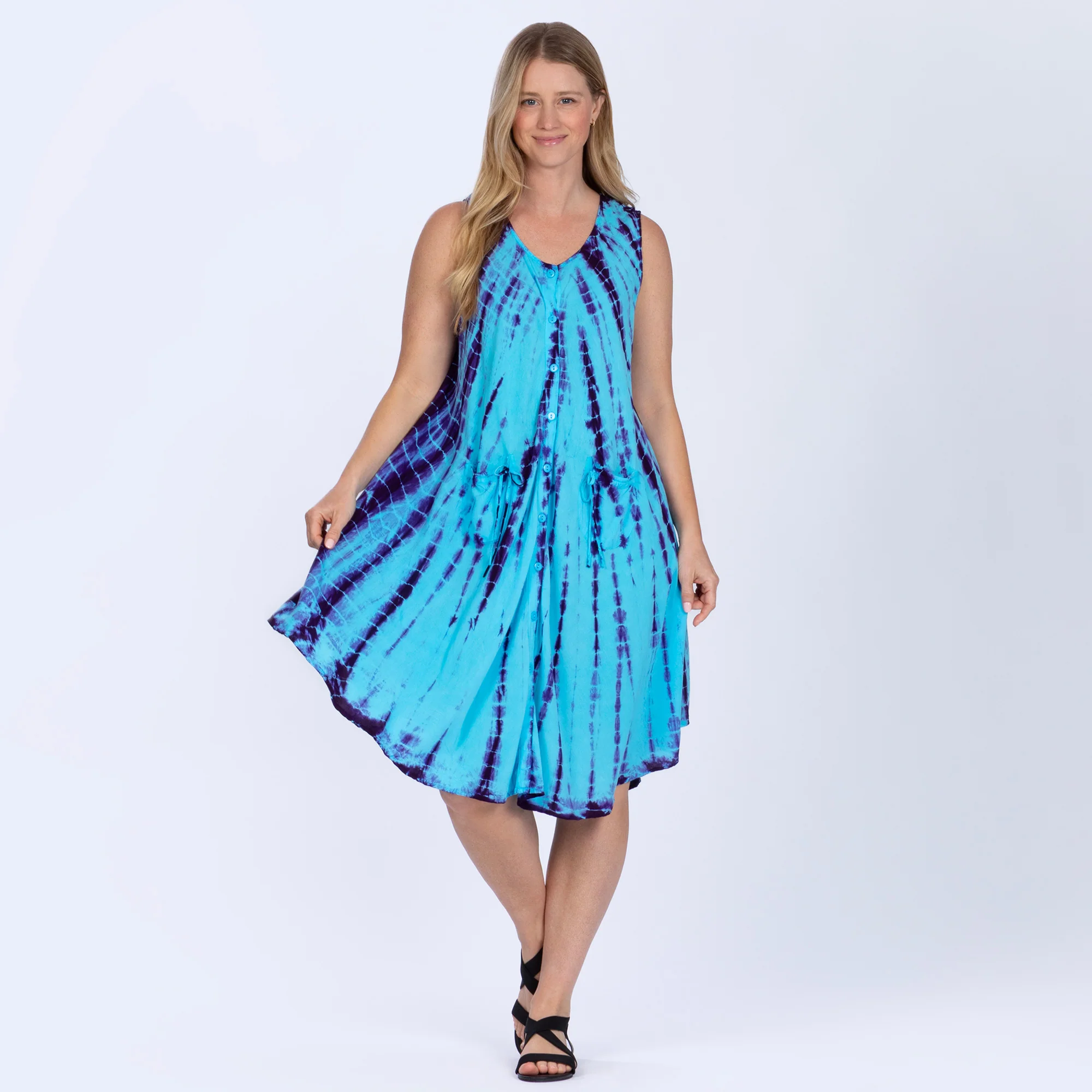 Tie-Dye Button-Up Sleeveless Dress with Pockets - Image 15
