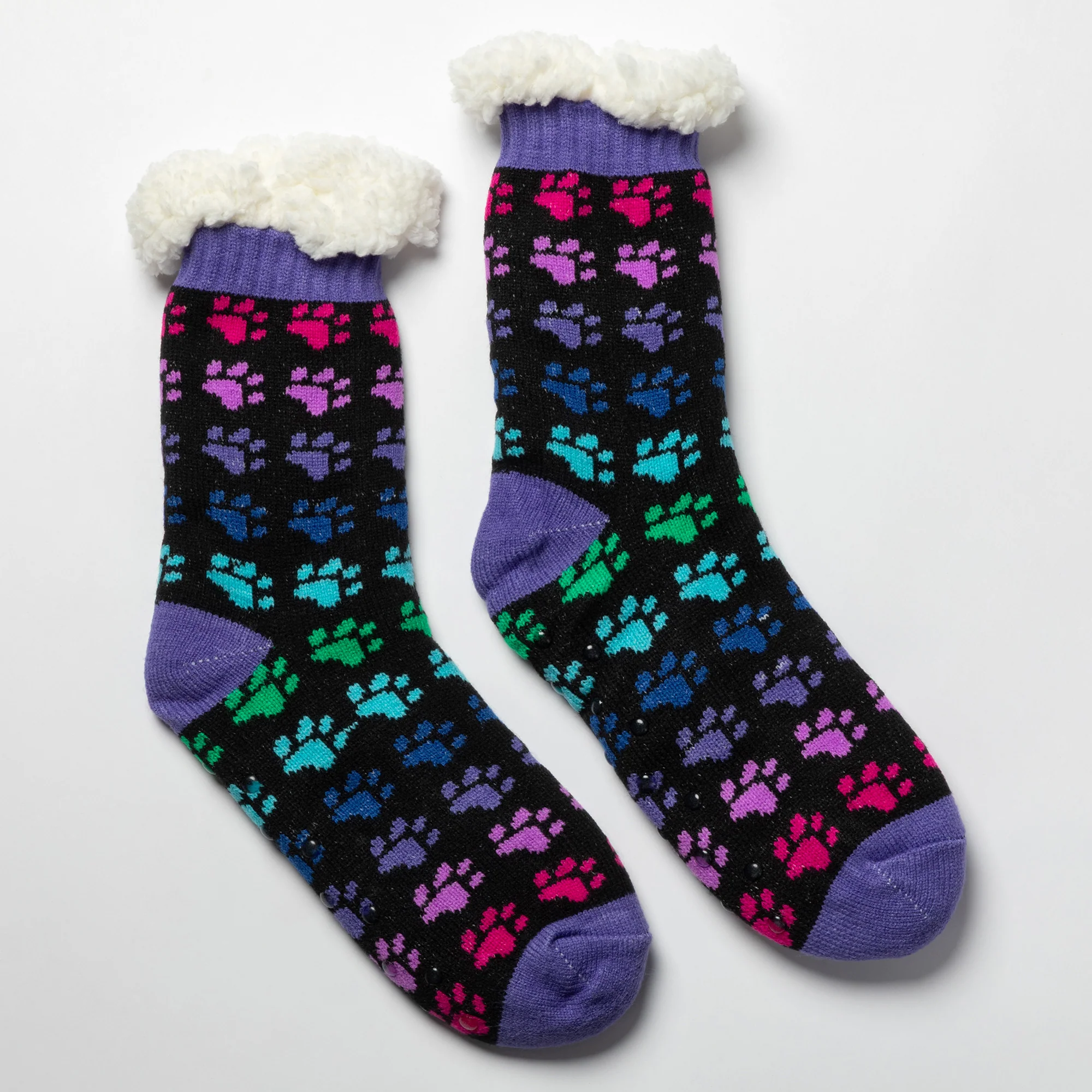 Sherpa Fleece-Lined Paw Print Cabin Slipper Socks - Image 26