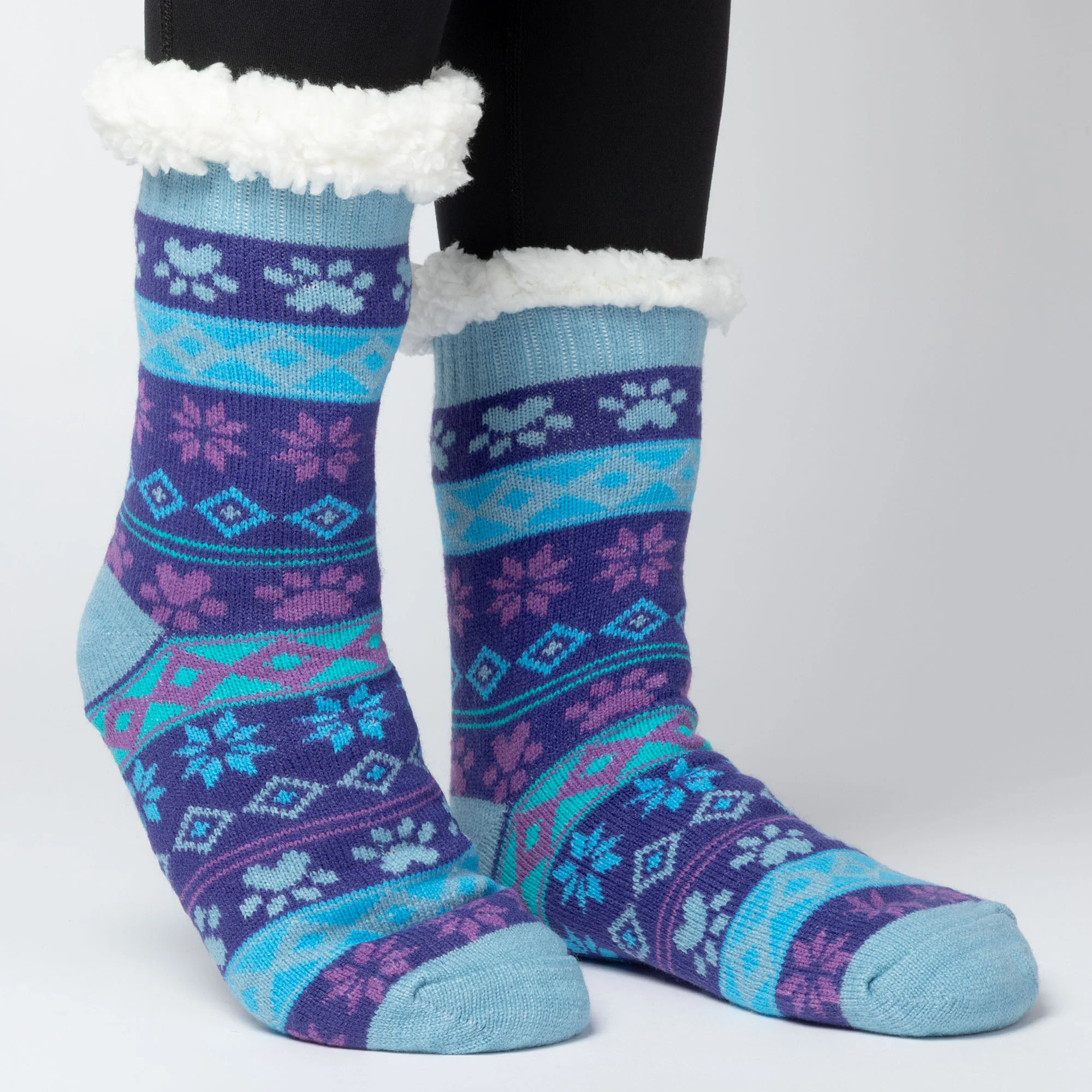 Sherpa Fleece-Lined Paw Print Cabin Slipper Socks - Image 3