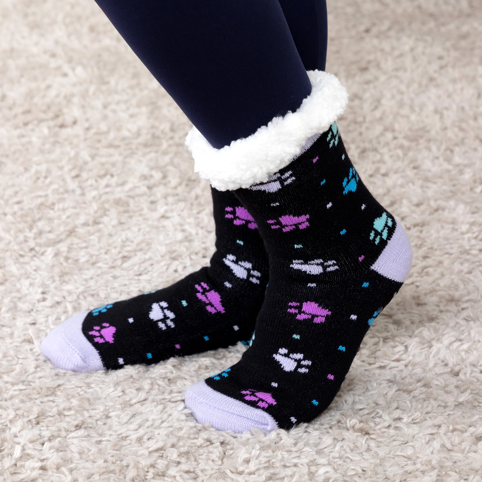 Sherpa Fleece-Lined Paw Print Cabin Slipper Socks - Image 6