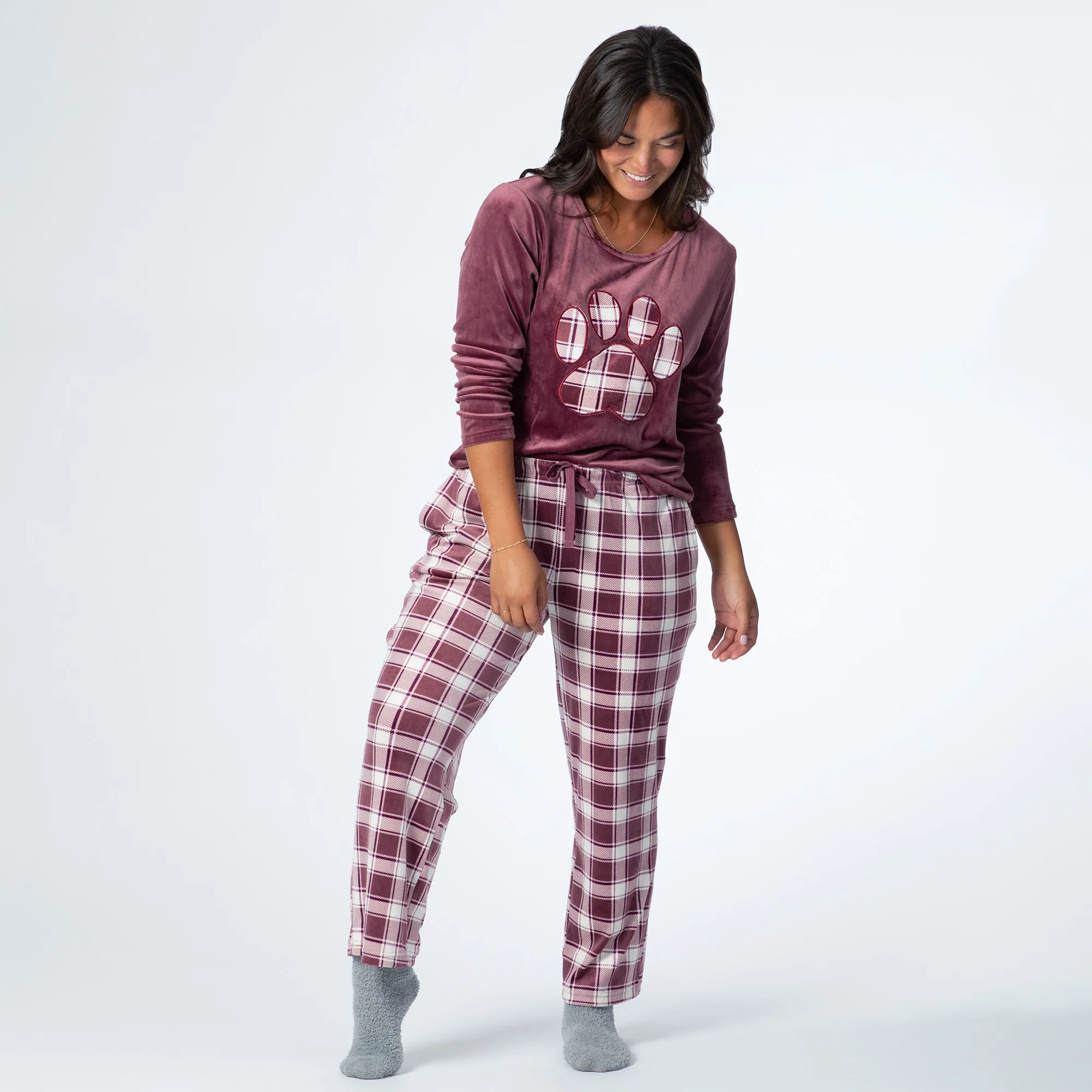 Cozy Plaid Paw Velour Pajama Set - Image 13
