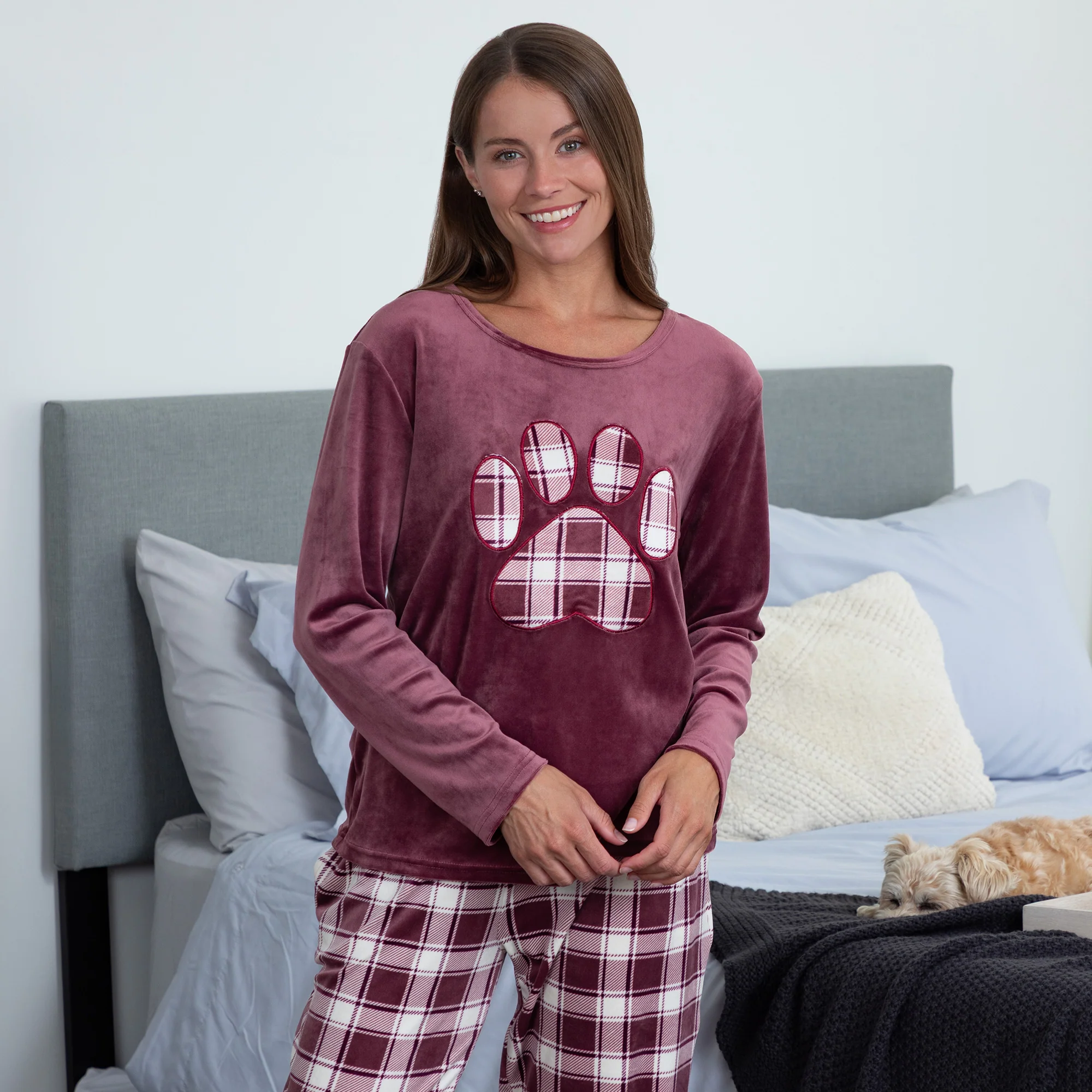 Cozy Plaid Paw Velour Pajama Set - Image 7