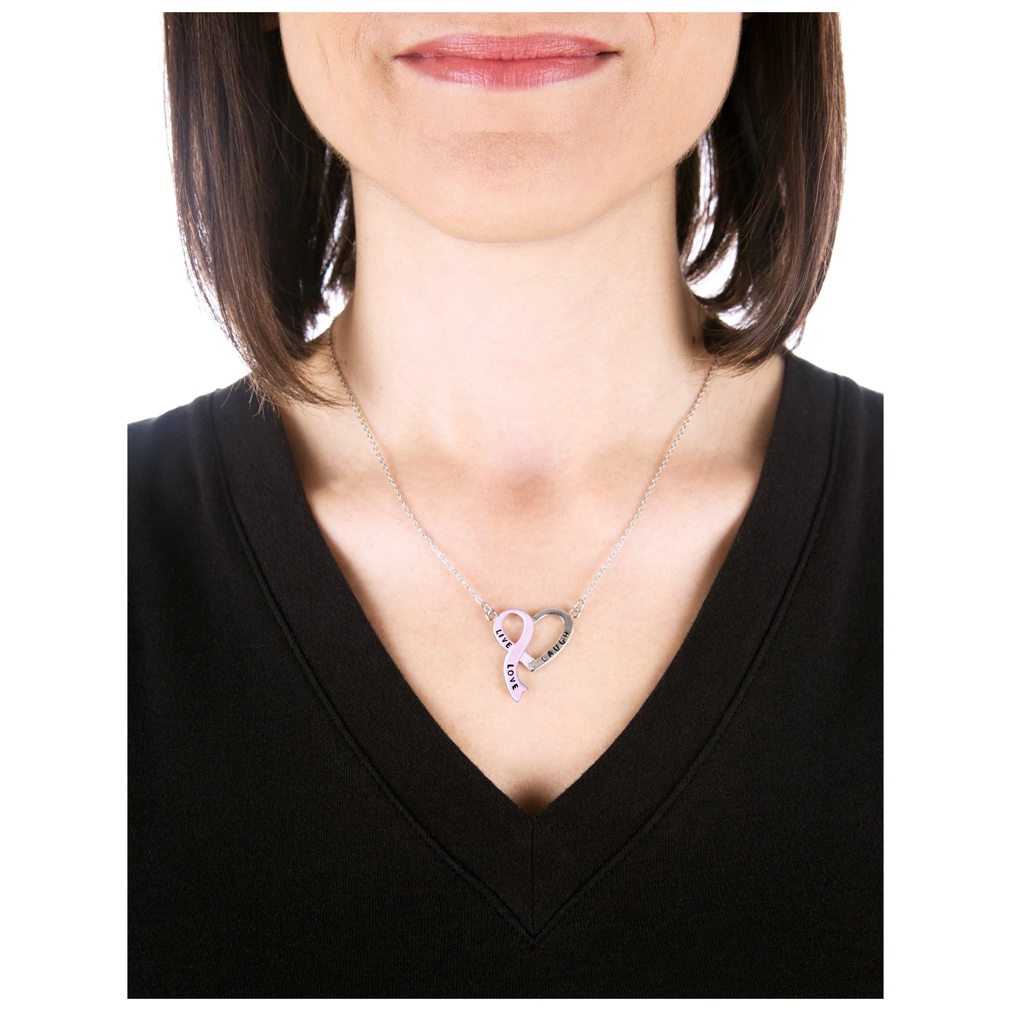 Live, Laugh, Love Pink Ribbon Heart Necklace - Image 2