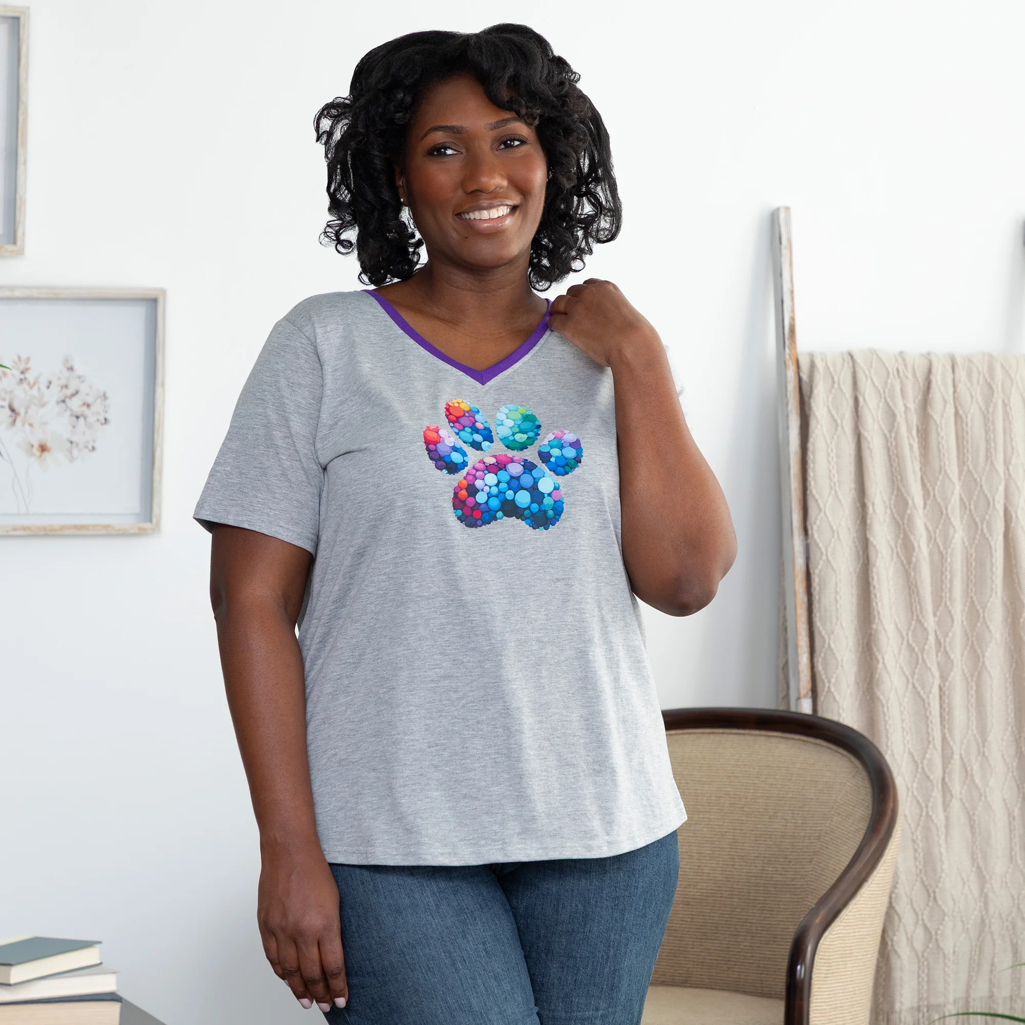 Rainbow Bubble Joy Paw Contrast V-Neck Tee - Image 3