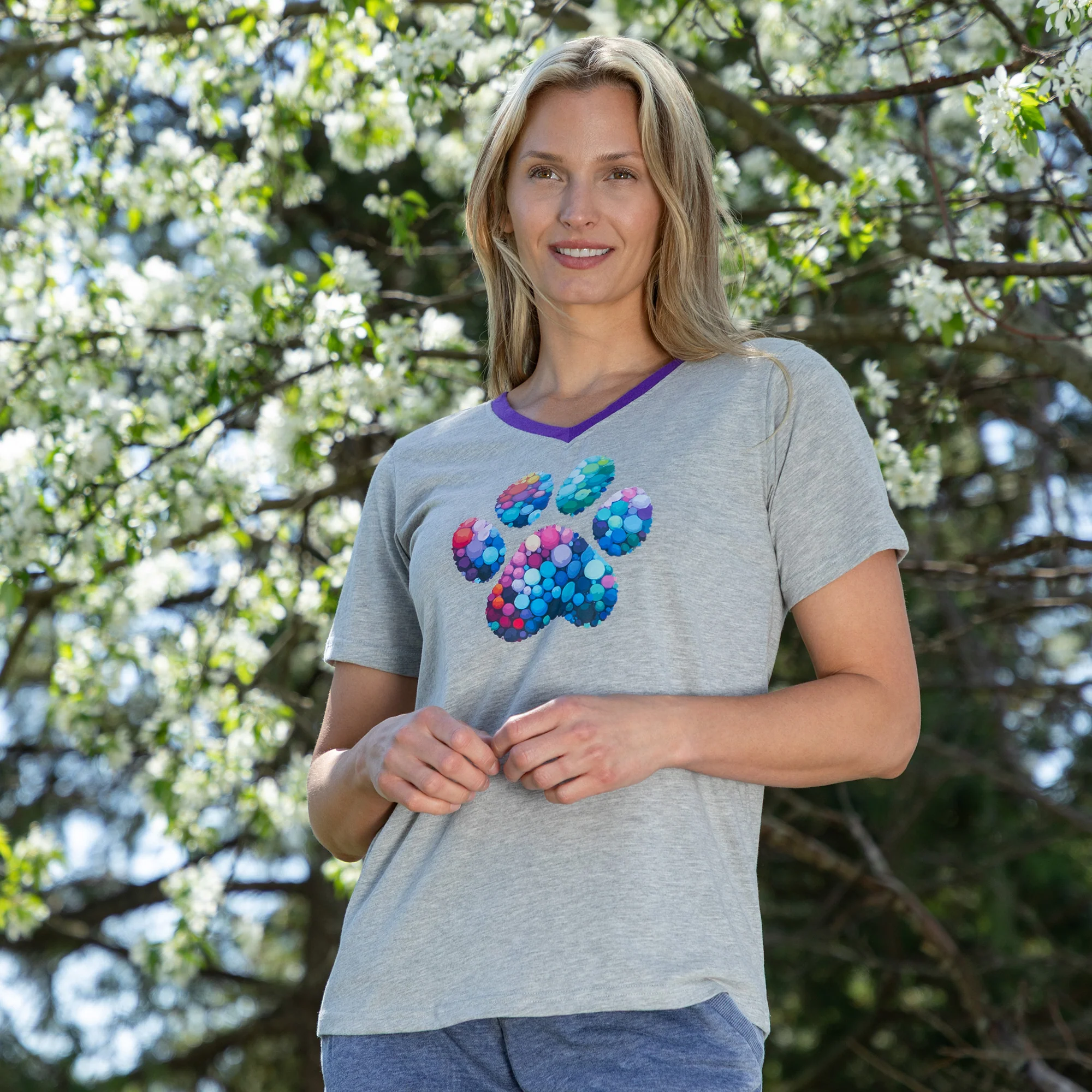 Rainbow Bubble Joy Paw Contrast V-Neck Tee - Image 5