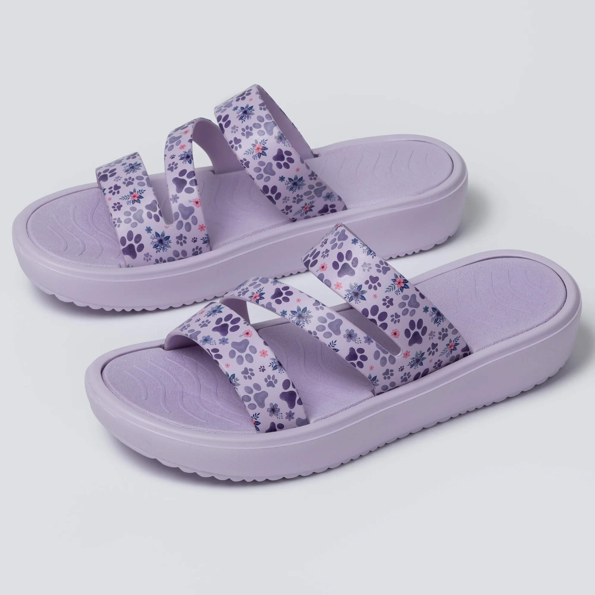 Paw Print Triple Strap Slide Sandals | Lightweight EVA Comfort Slides with Platform Sole - Image 14