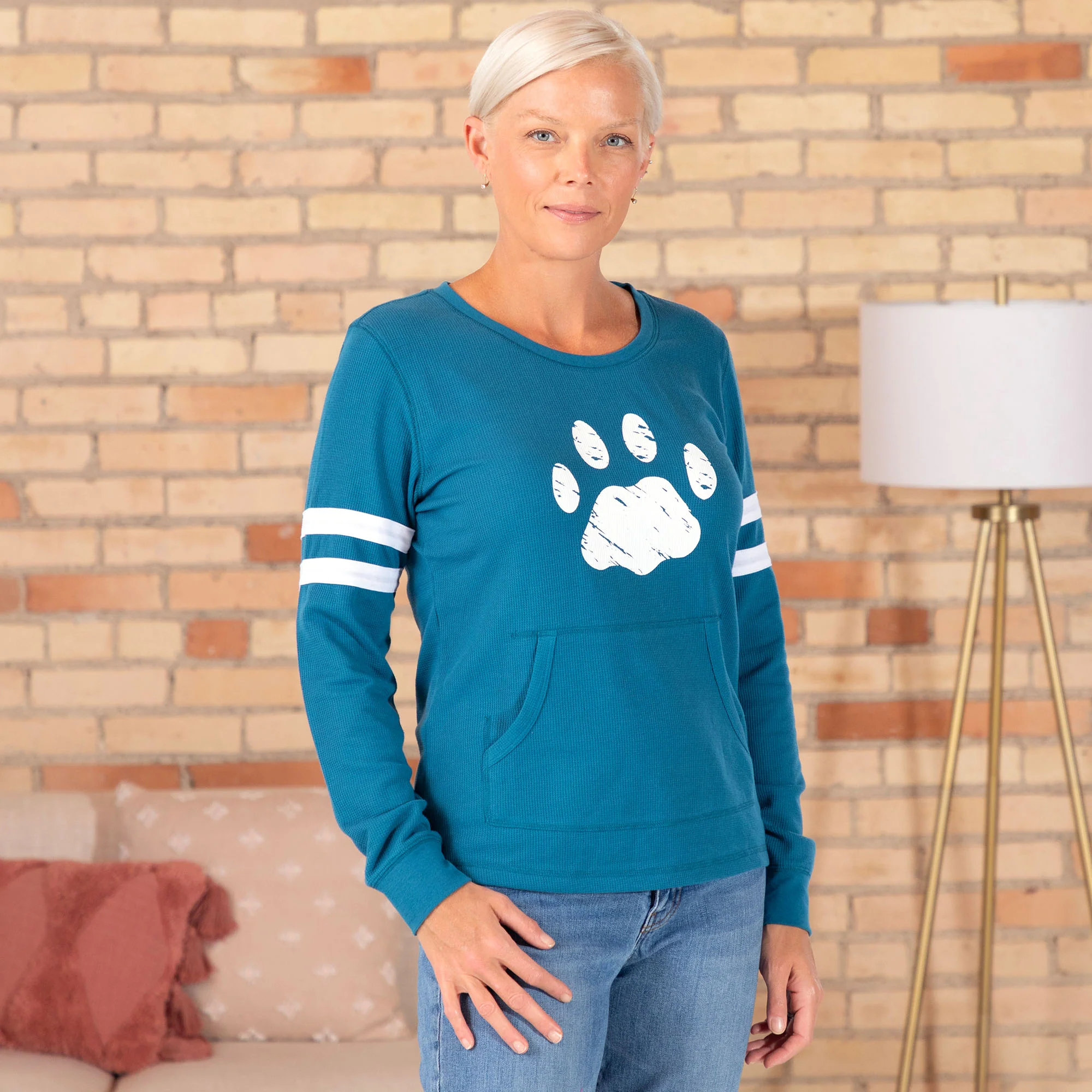 Paw Stripe Waffle Knit Thermal Long Sleeve Top - Image 6