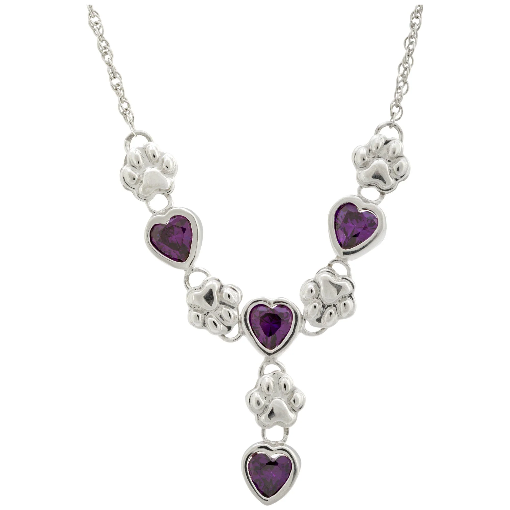 Amethyst Hearts & Paws Sterling Drop Necklace - Image 3