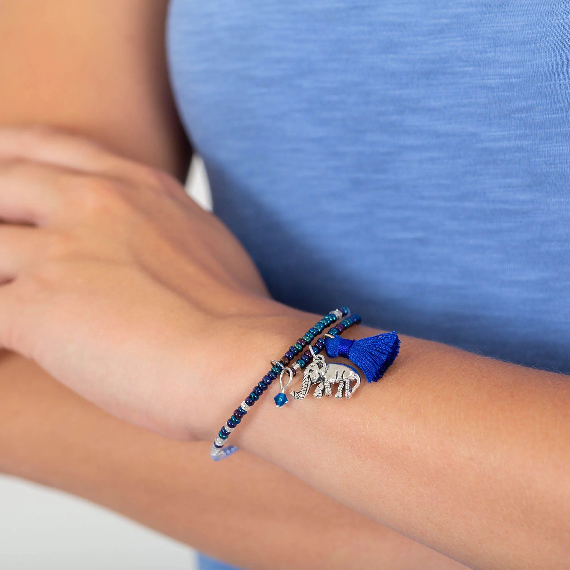 Fair Trade Beaded Blue Elephant Adjustable Bracelet! - Image 3