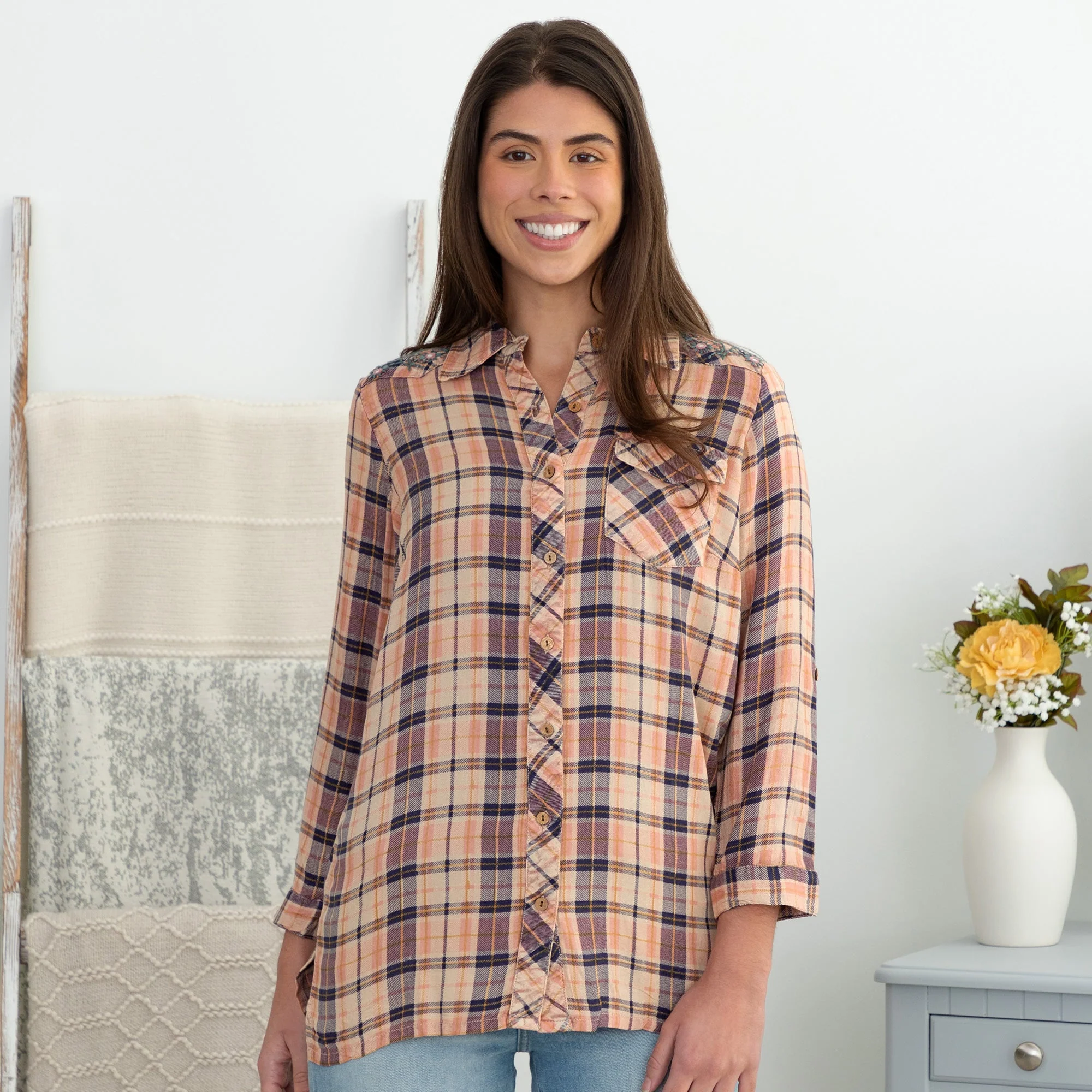 Floral Embroidery Plaid Button Up Shirt - Image 11