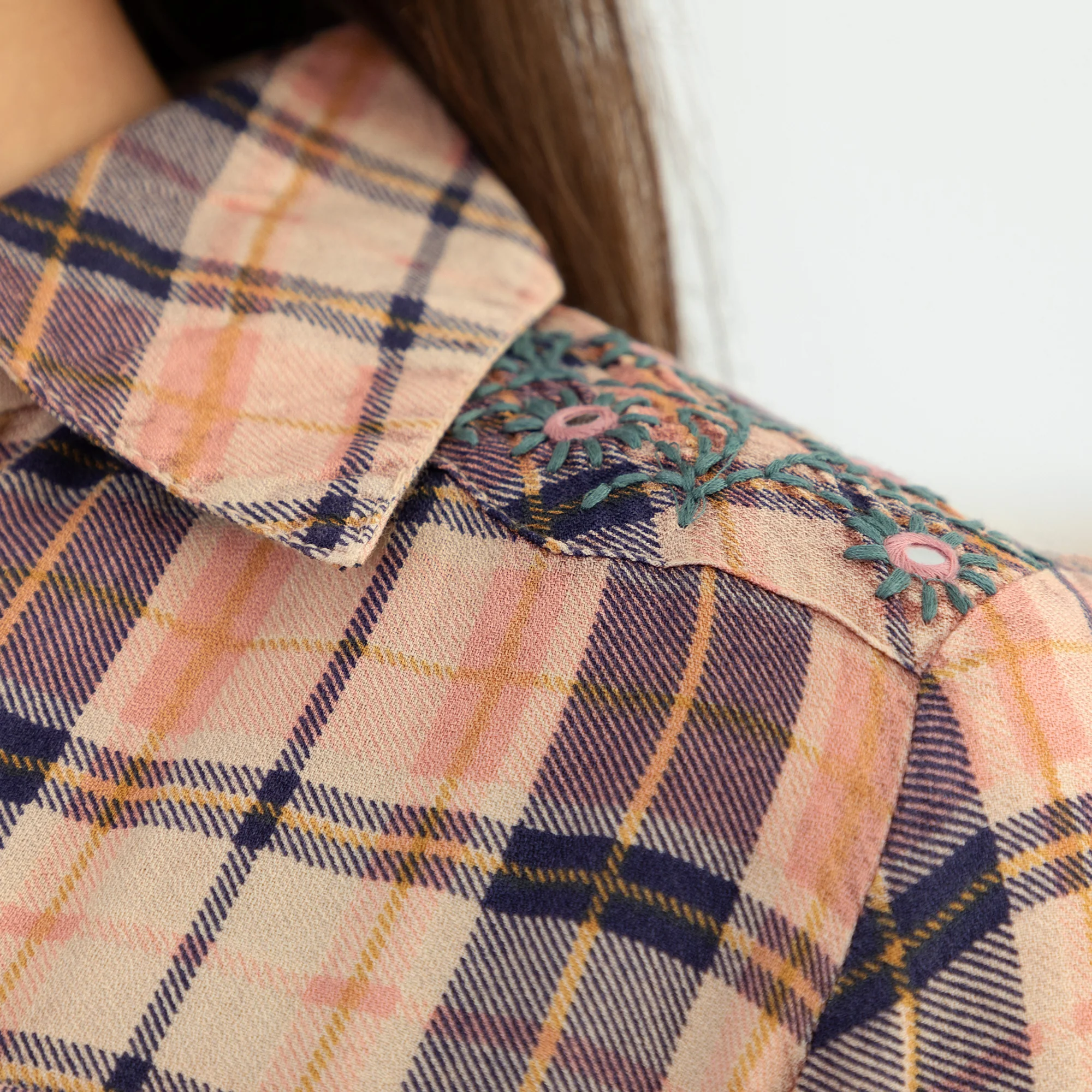 Floral Embroidery Plaid Button Up Shirt - Image 2