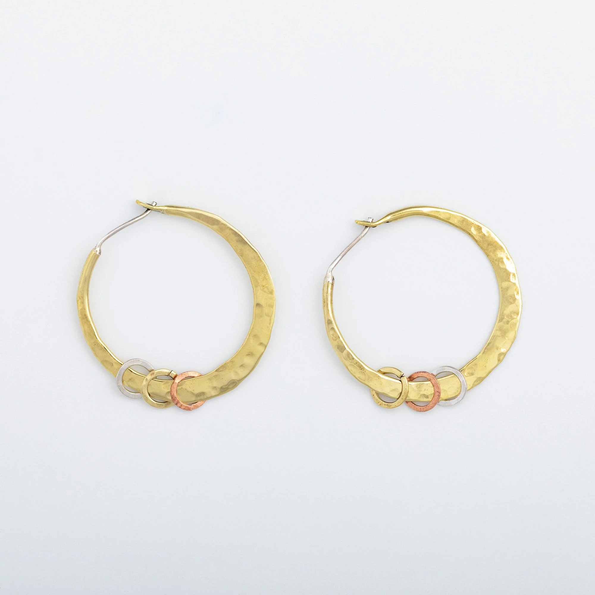 Hammered Sterling, Brass & Copper Hoop Earrings - Image 2