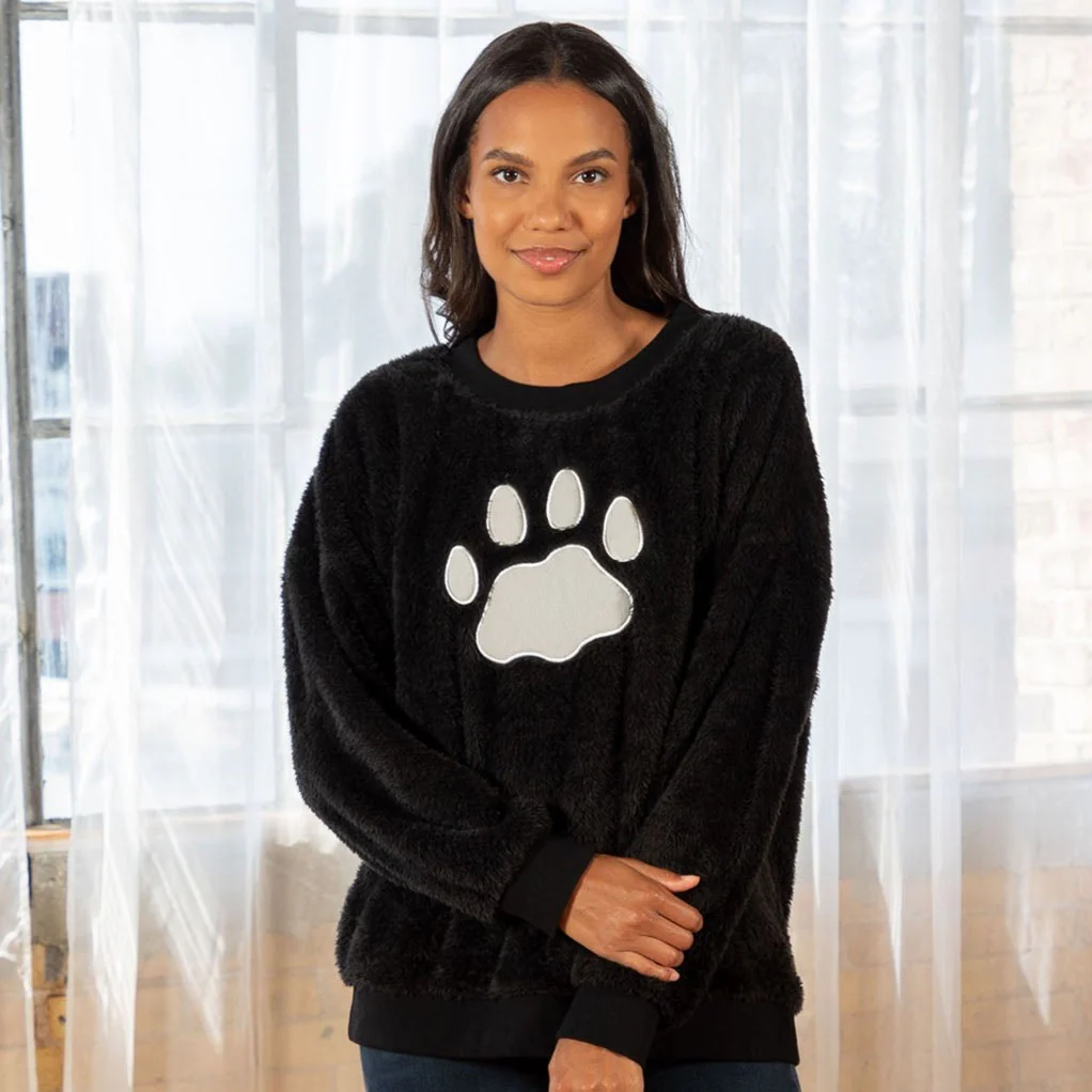 Plush Sherpa Fleece Paw Print Crewneck Pullover - Image 15
