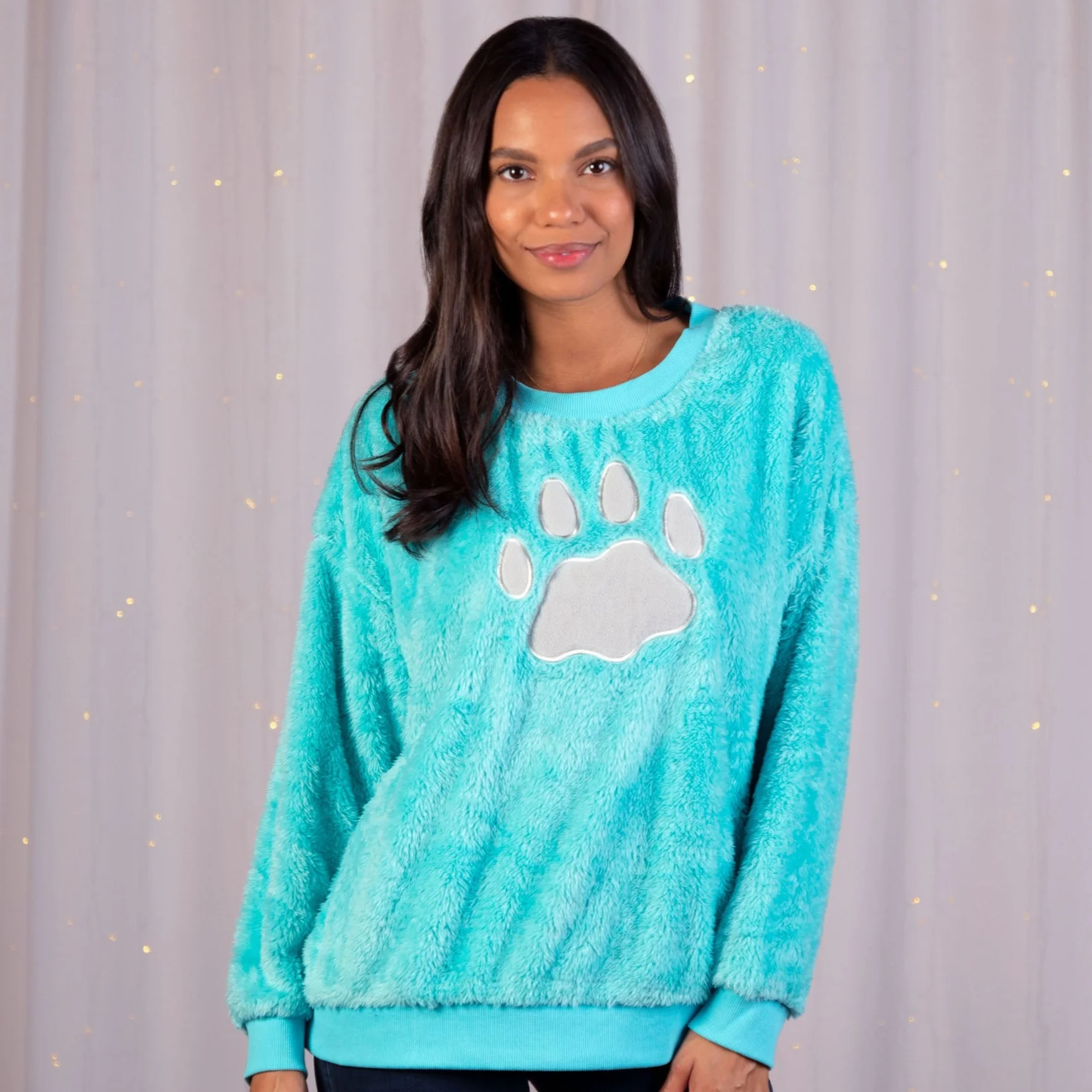 Plush Sherpa Fleece Paw Print Crewneck Pullover - Image 7