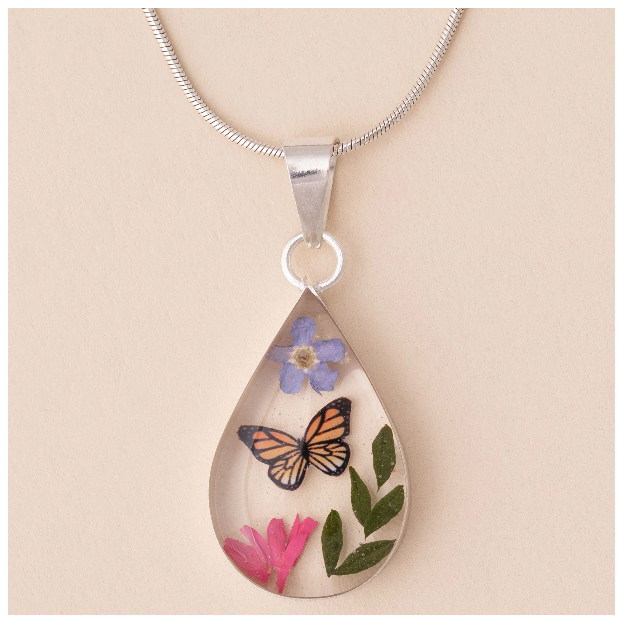 Real Flowers & Sterling Teardrop Necklace
