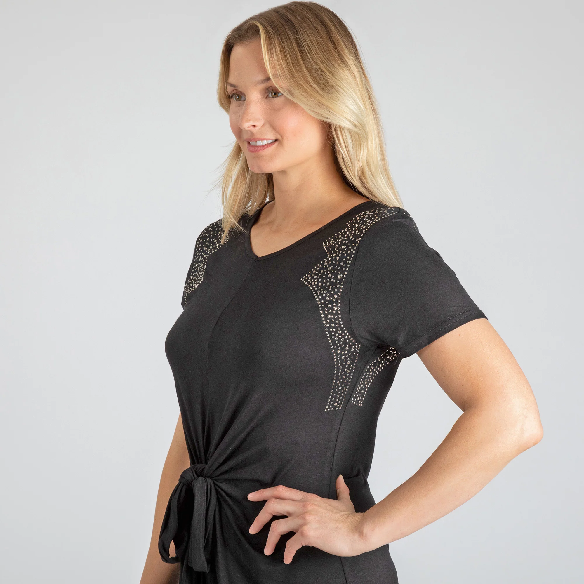 Twist Tie-Front Short Sleeve Dress with Rhinestones - Image 9