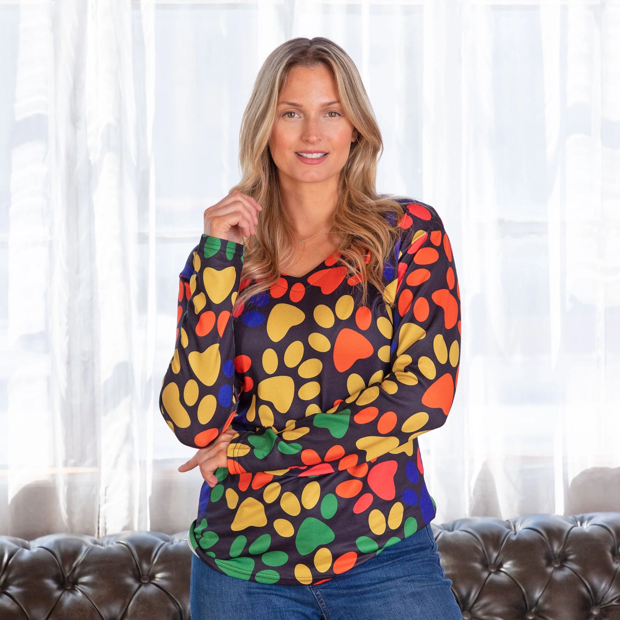 Colorful Paw Print Long Sleeve V-Neck Top - Image 10