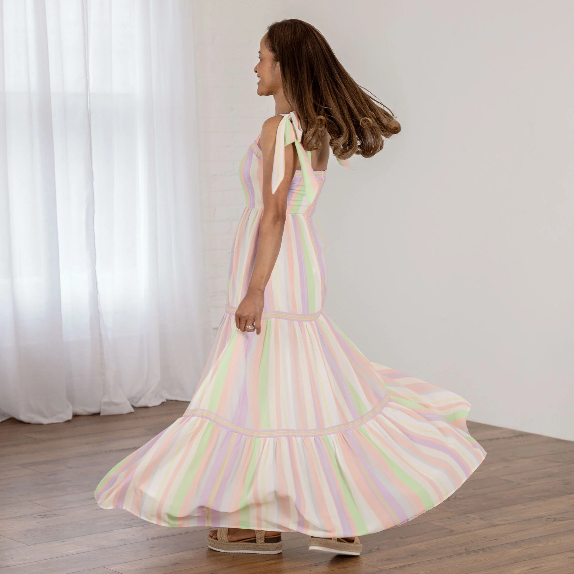 Colorful Stripes Tie Shoulder Maxi Dress - Image 4