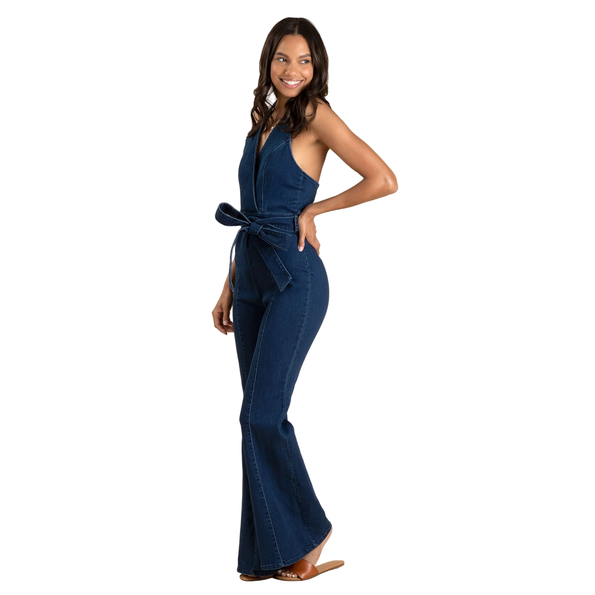 V-Neck Halter Dark Denim Jumpsuit - Image 4