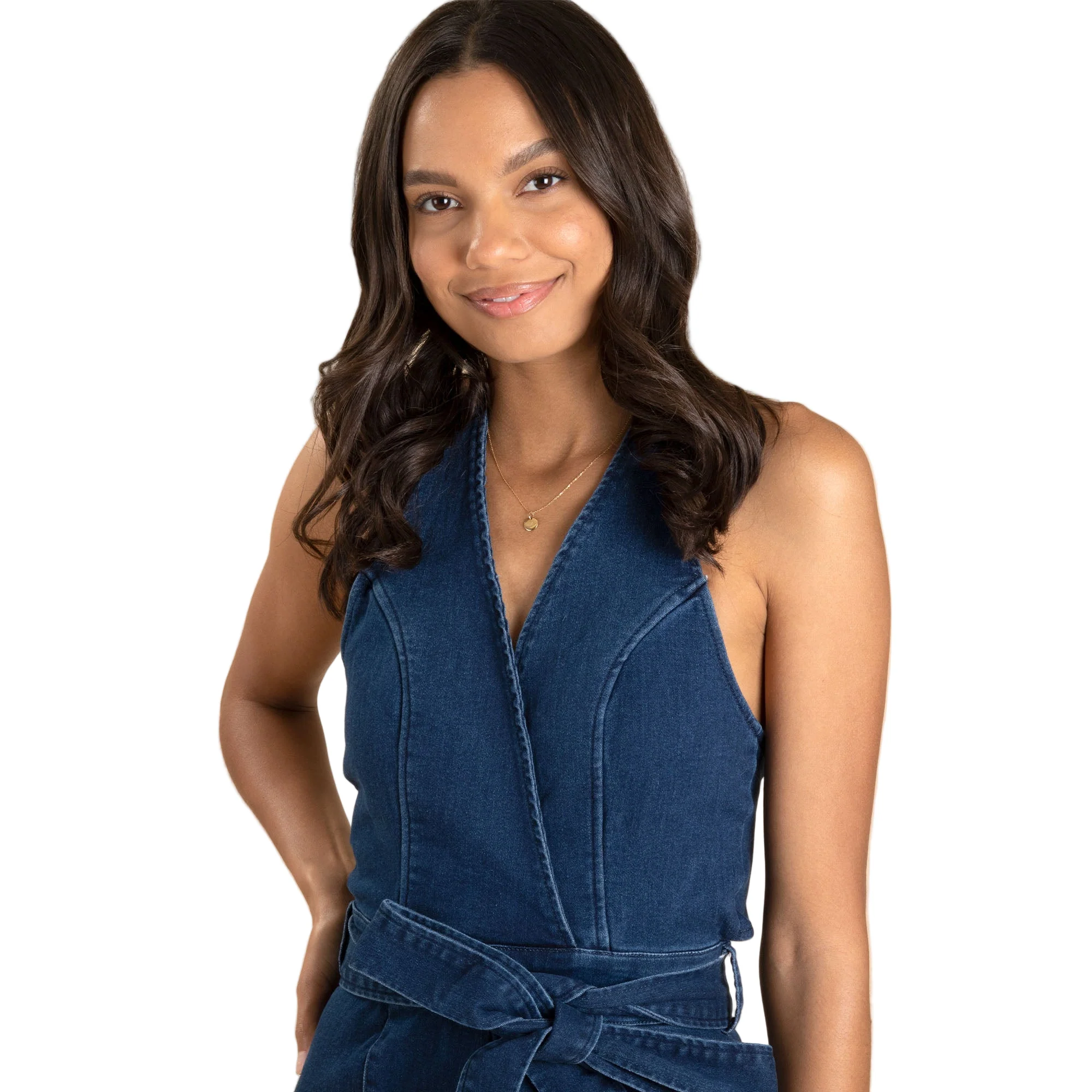 V-Neck Halter Dark Denim Jumpsuit - Image 5