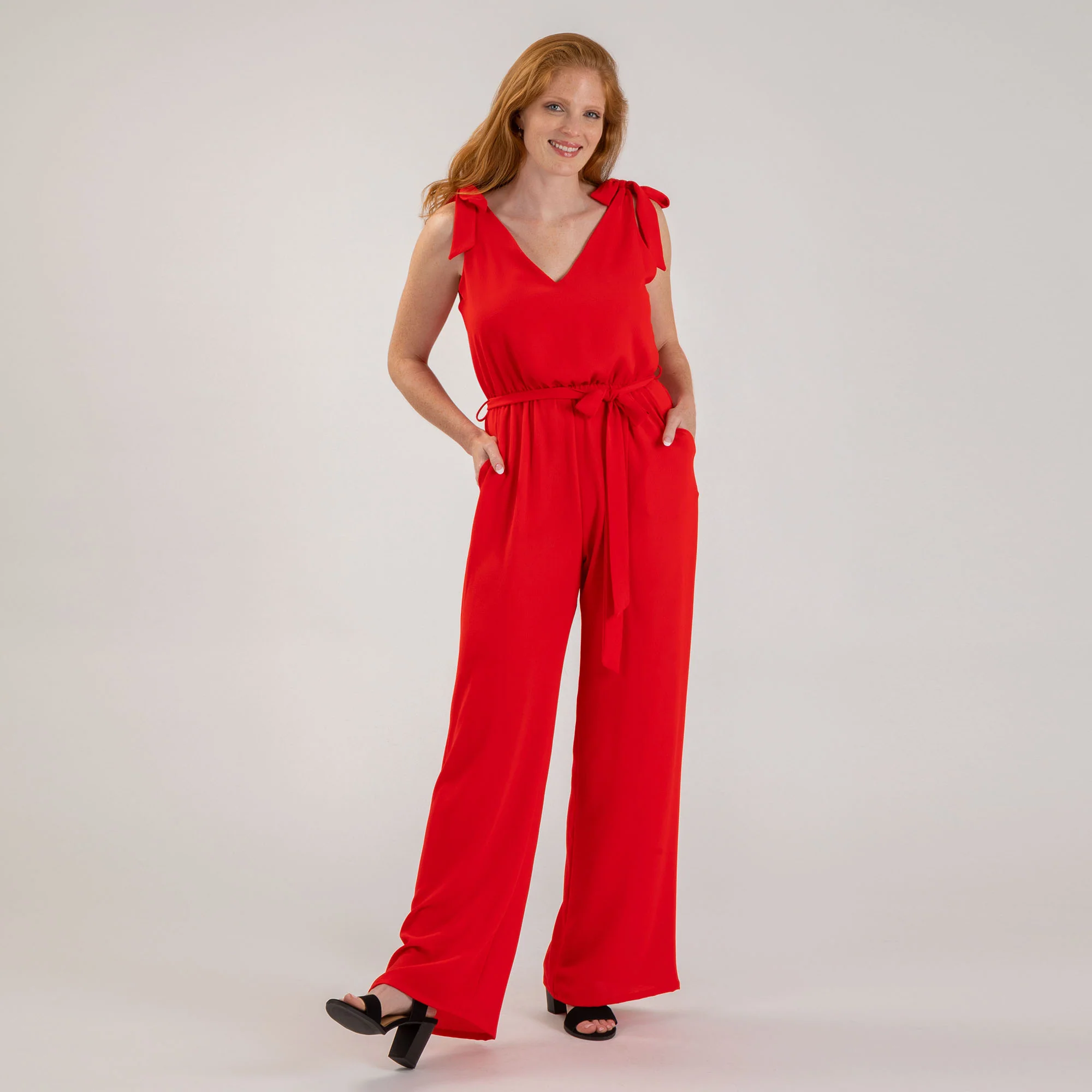 Textured Solid Tie Shoulder Jumpsuit - Image 2