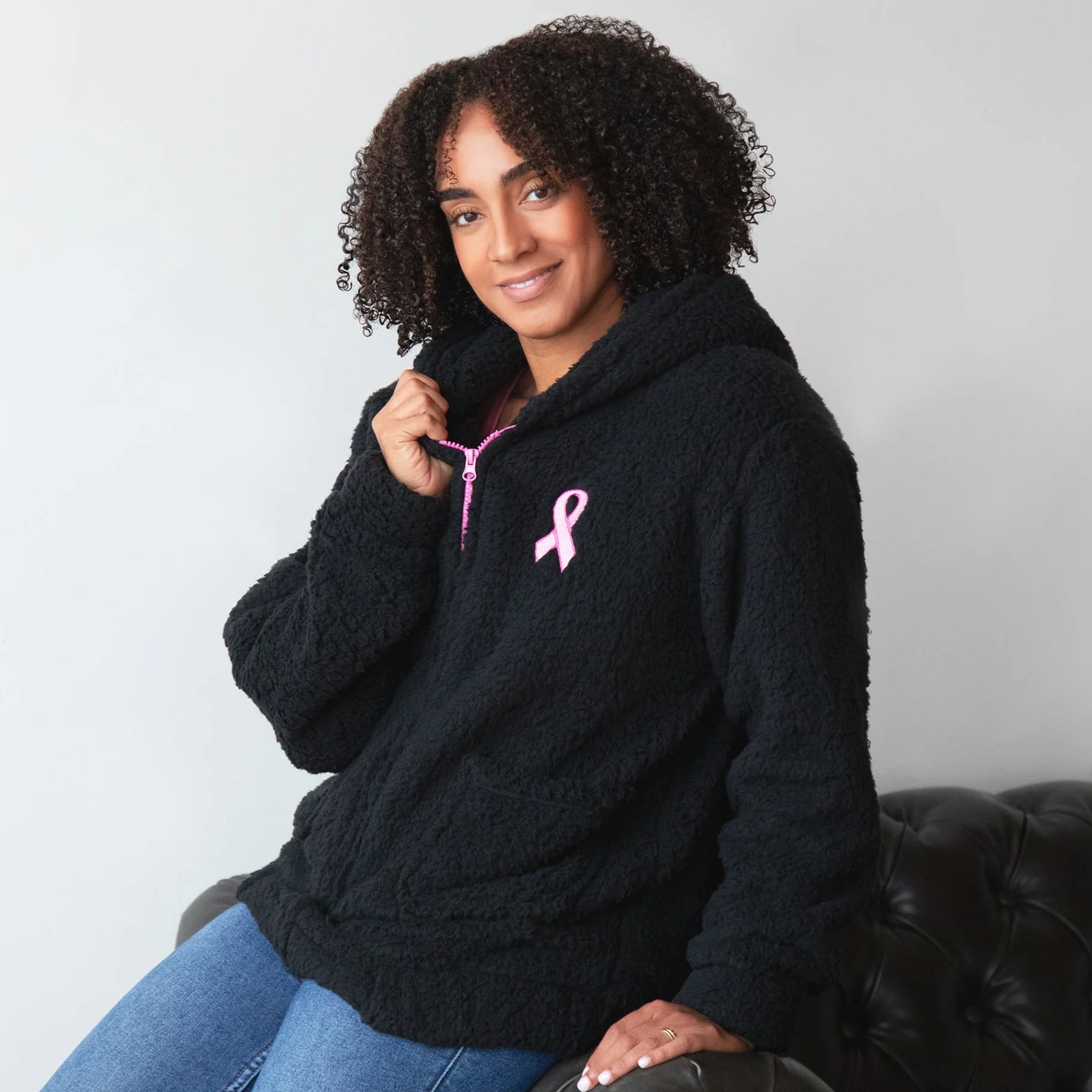 Pink Ribbon Plush Sherpa Fleece Zip Up Hooded Jacket - Image 5