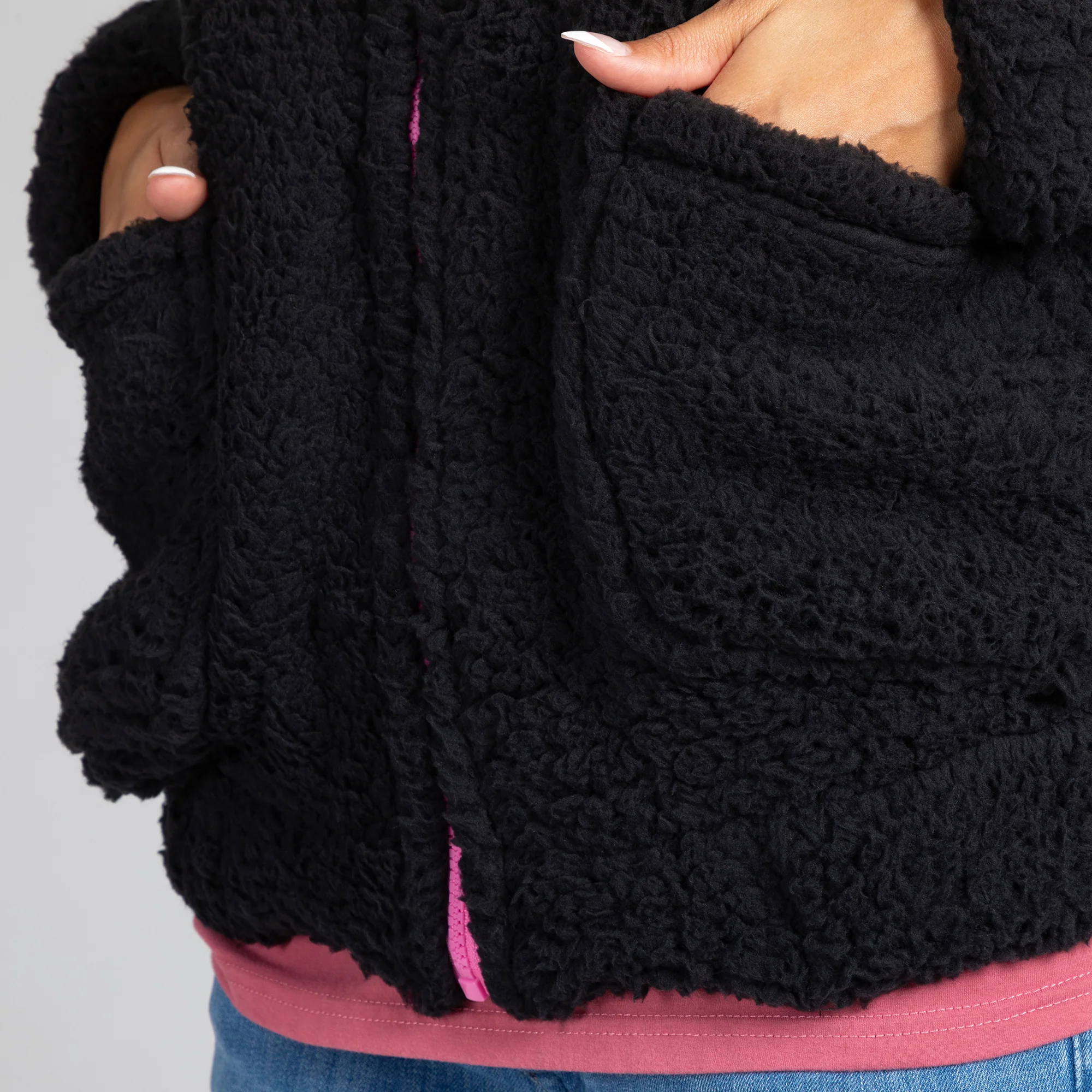 Pink Ribbon Plush Sherpa Fleece Zip Up Hooded Jacket - Image 7