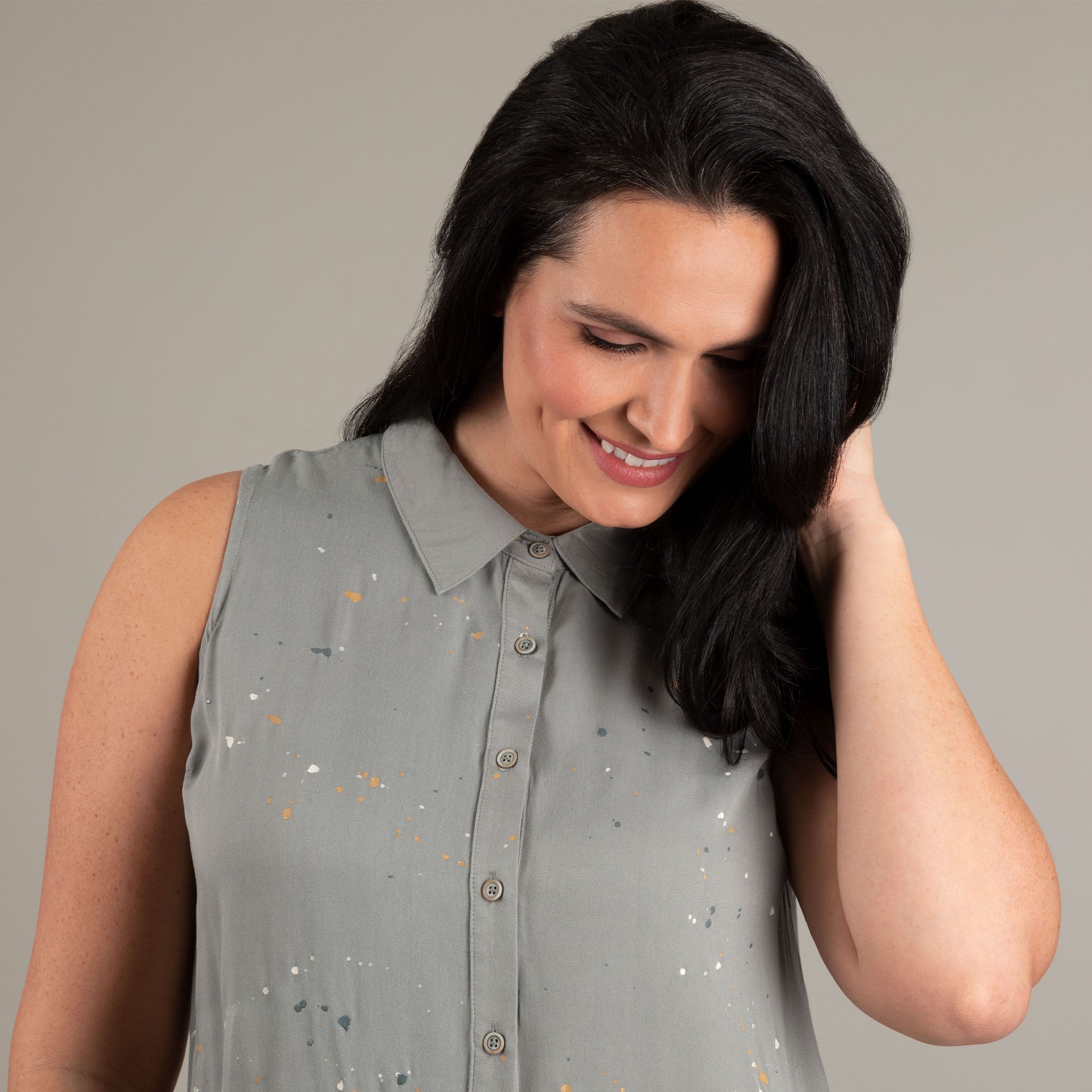 Speckled Sleeveless Button Up Peplum Top - Image 10