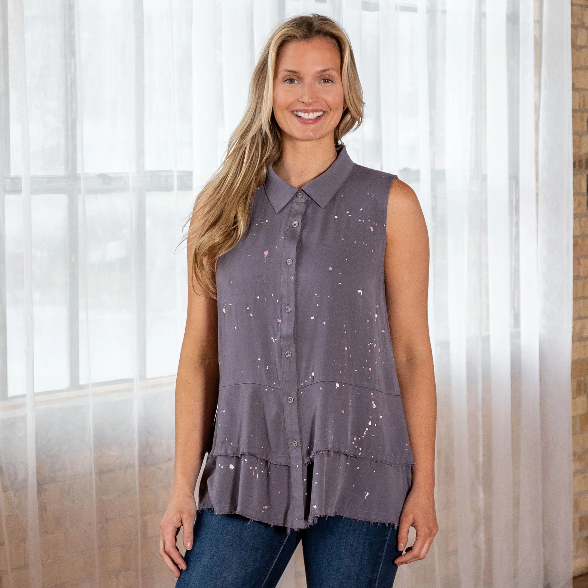 Speckled Sleeveless Button Up Peplum Top - Image 5