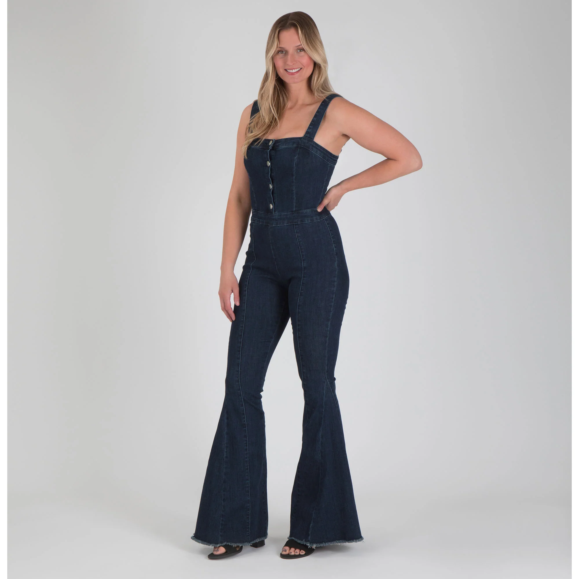 Denim Flare Leg Button Up Jumpsuit - Image 2