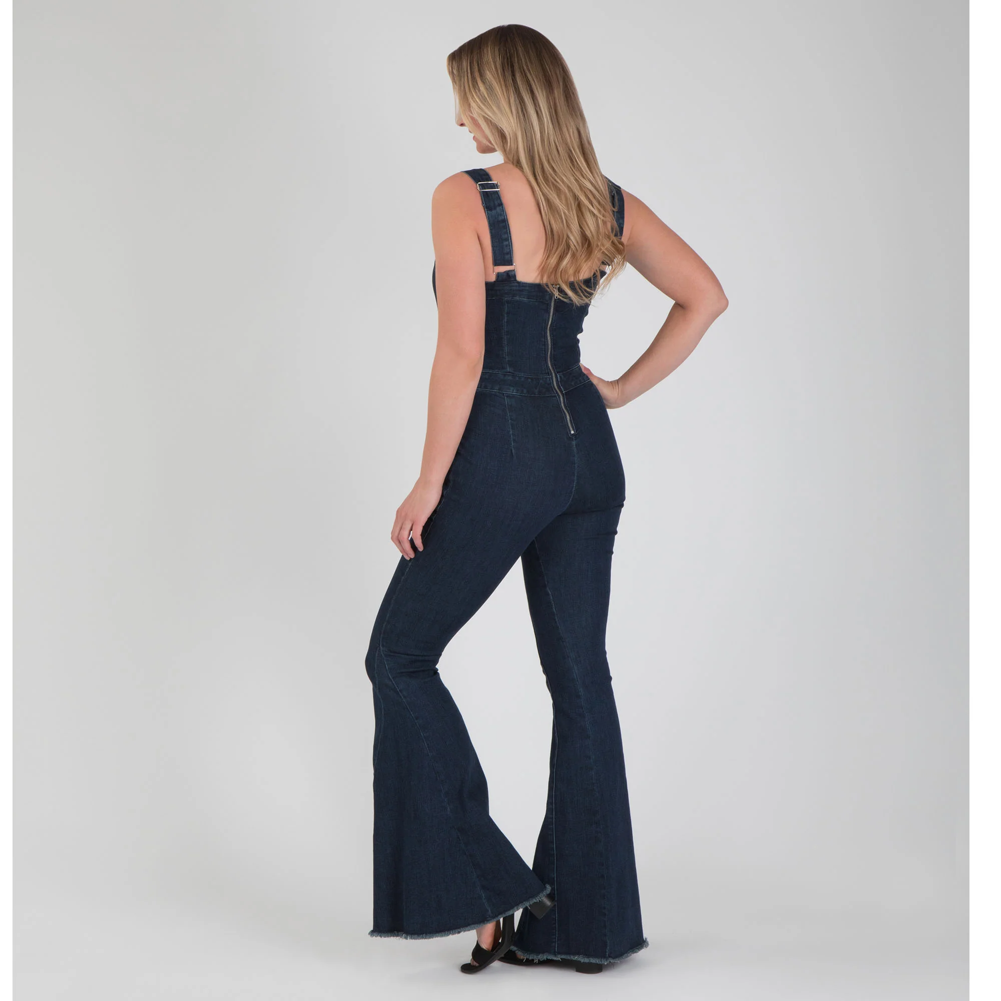 Denim Flare Leg Button Up Jumpsuit - Image 3