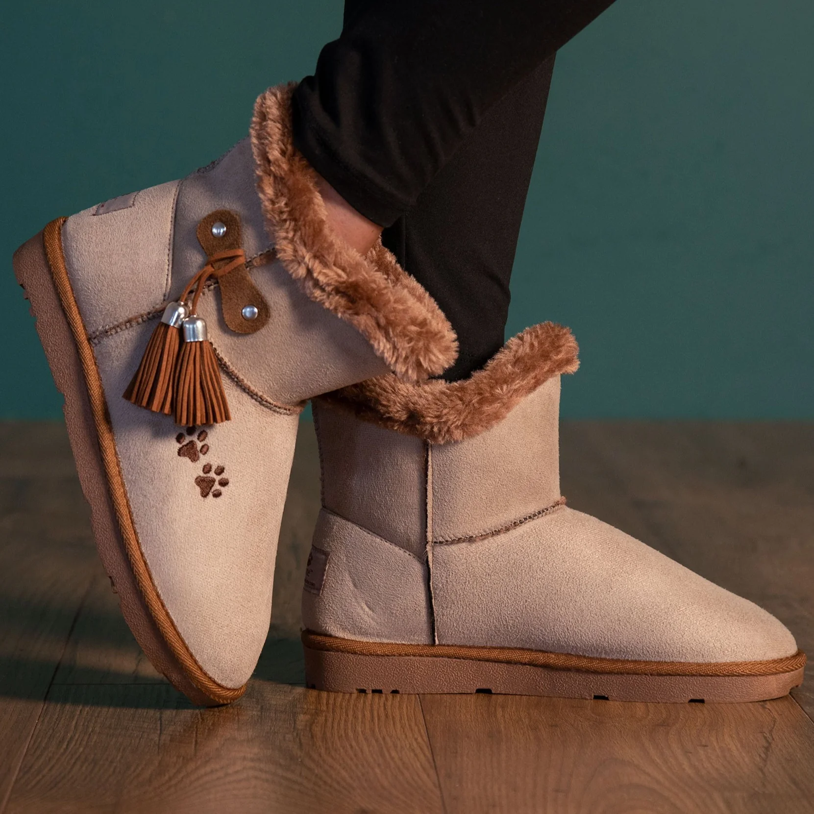 Paw Print Faux Suede Boots With Tassels - Image 11
