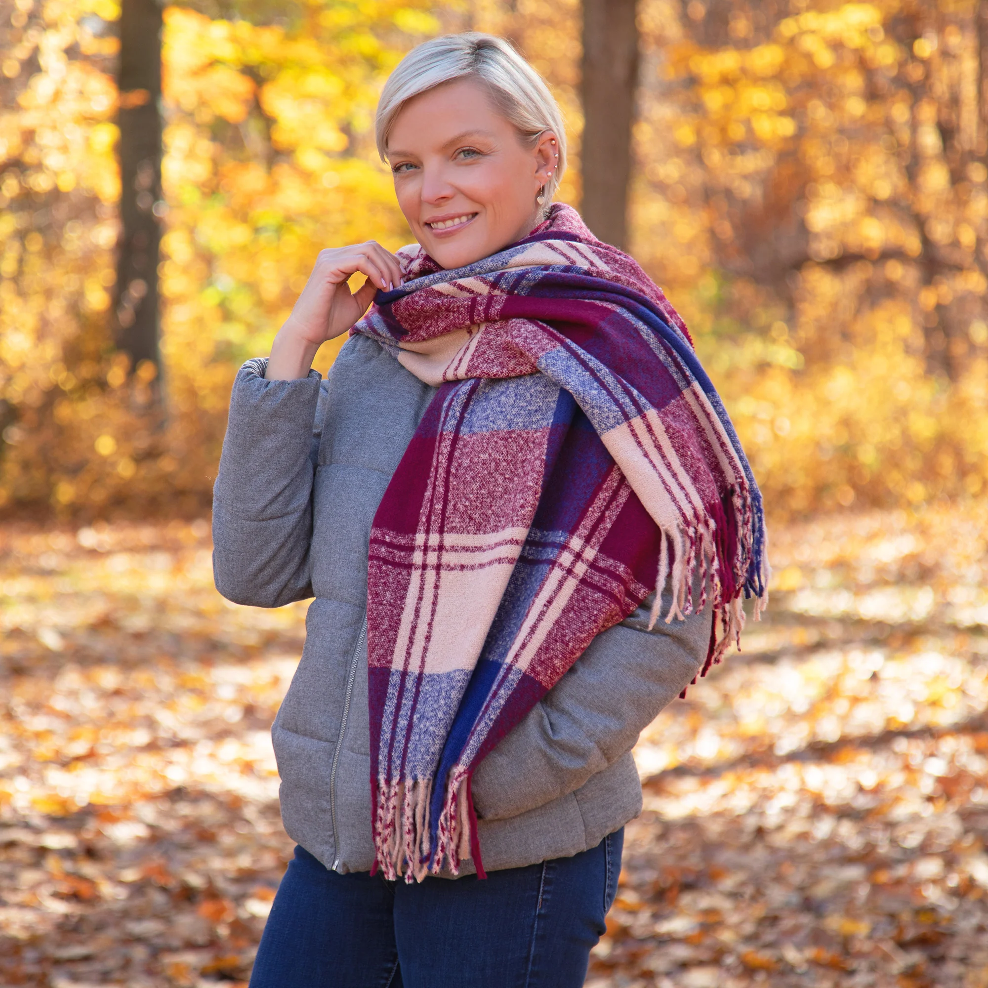Fluffy Plaid Tassel Trim Scarf - Image 8