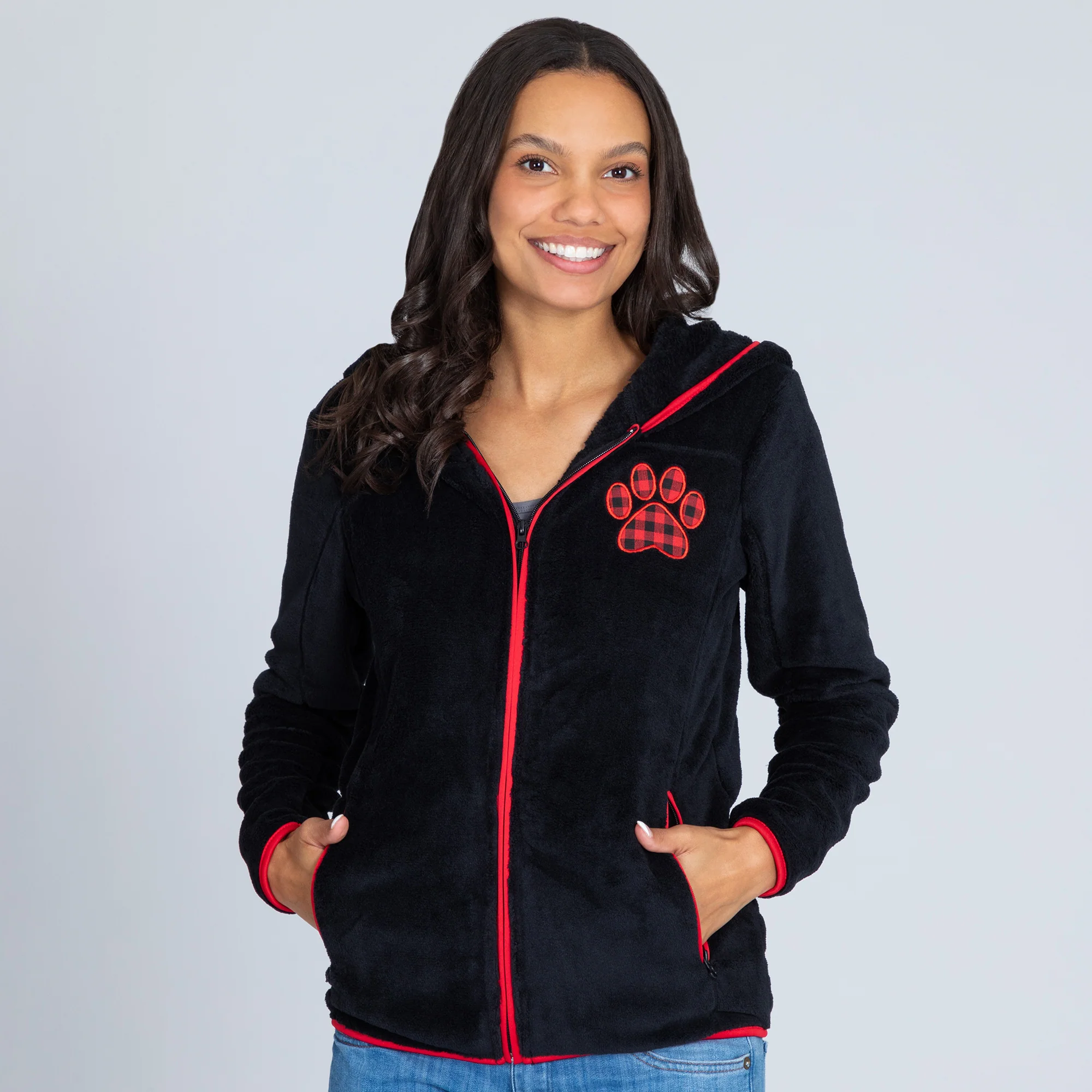 Buffalo Check Paw Print Plush Sherpa Hooded Jacket - Image 12