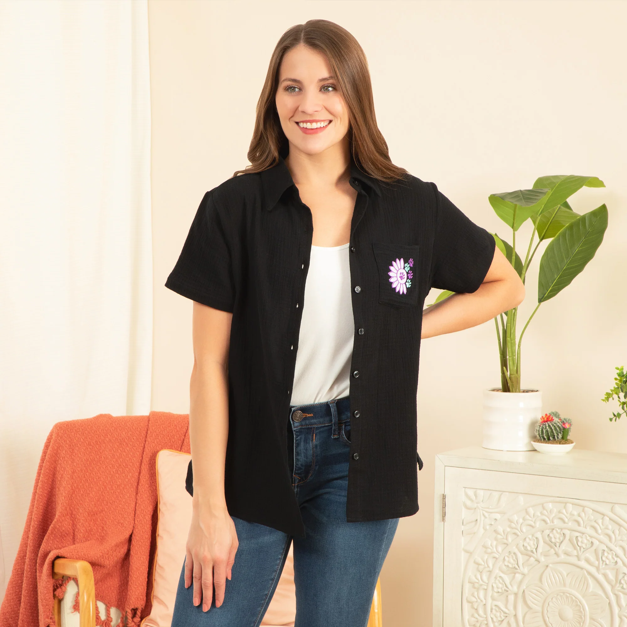 Paw Sunflower Embroidered Cotton Gauze Shirt - Image 6