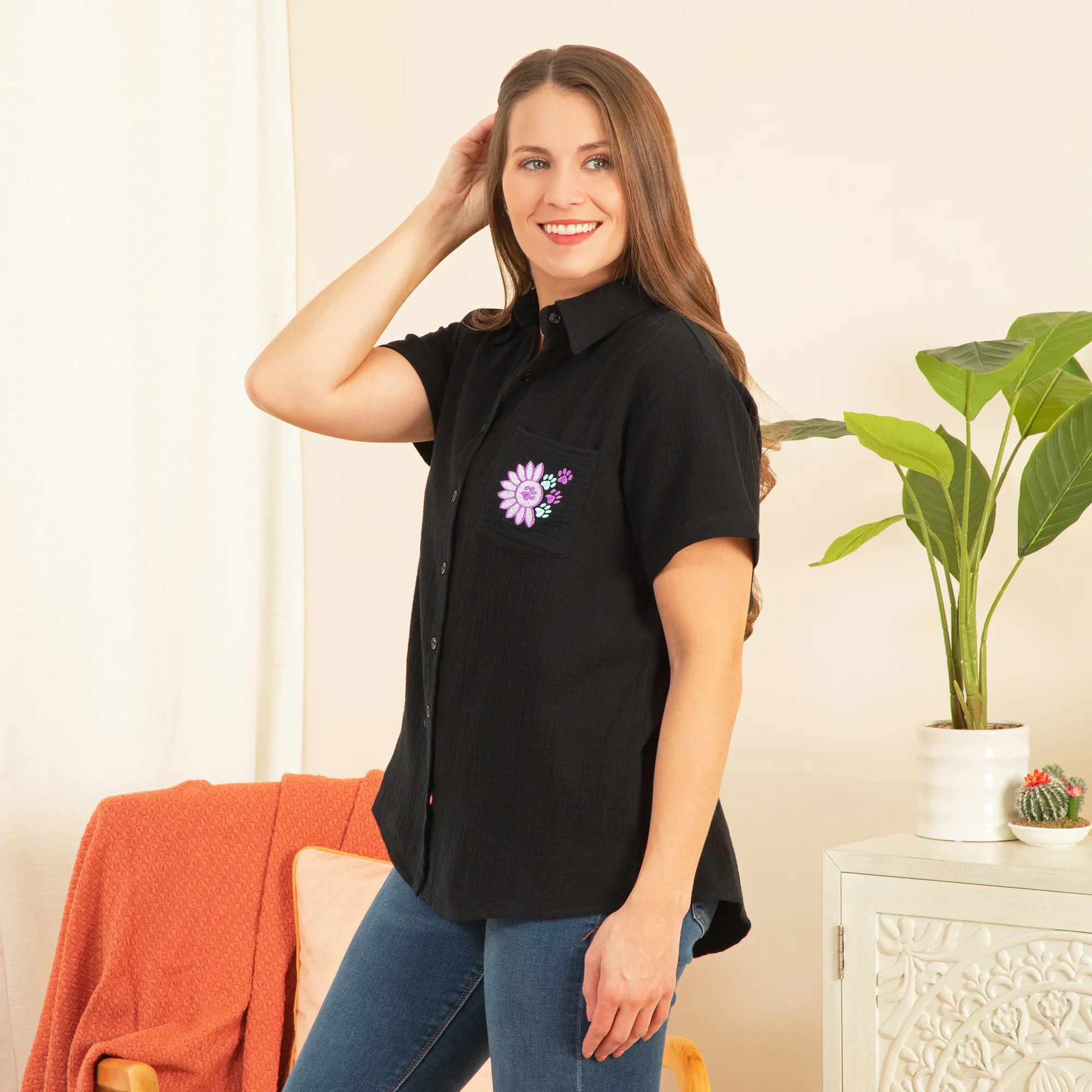 Paw Sunflower Embroidered Cotton Gauze Shirt - Image 7