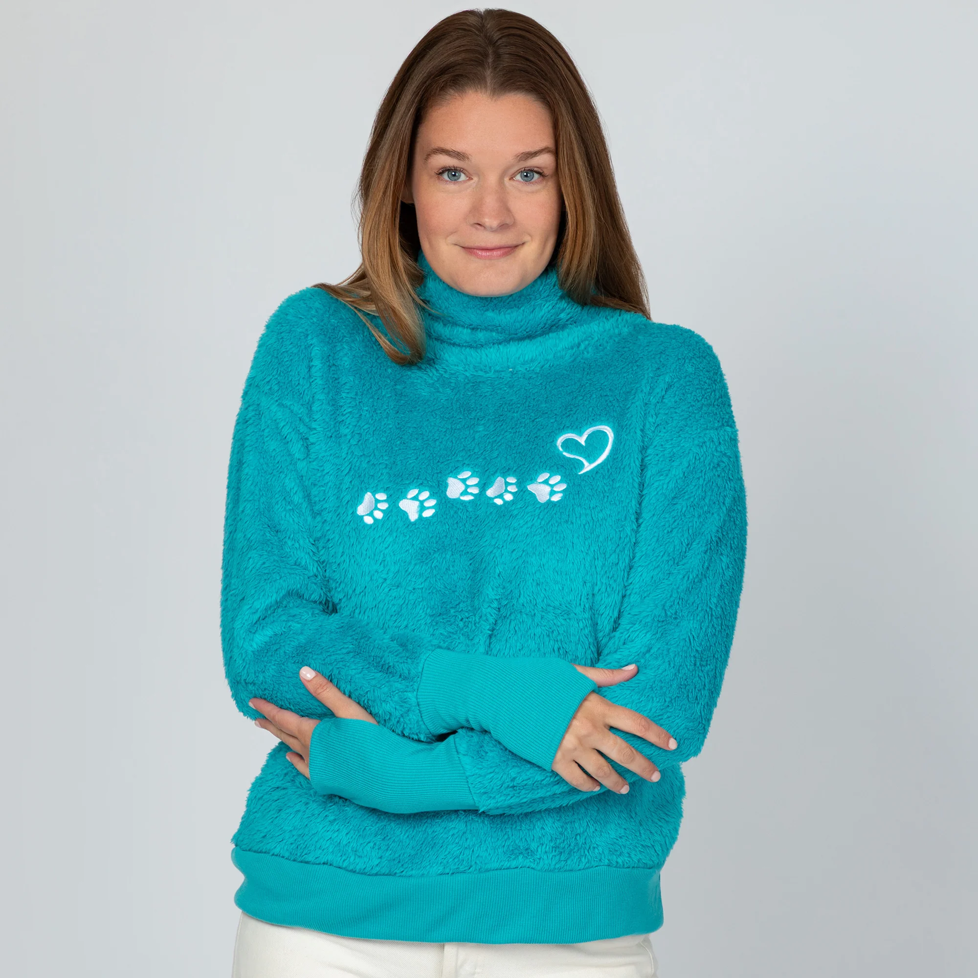 Paw Print Mock Neck Plush Sherpa Fleece Pullover with Thumb Holes - Image 10