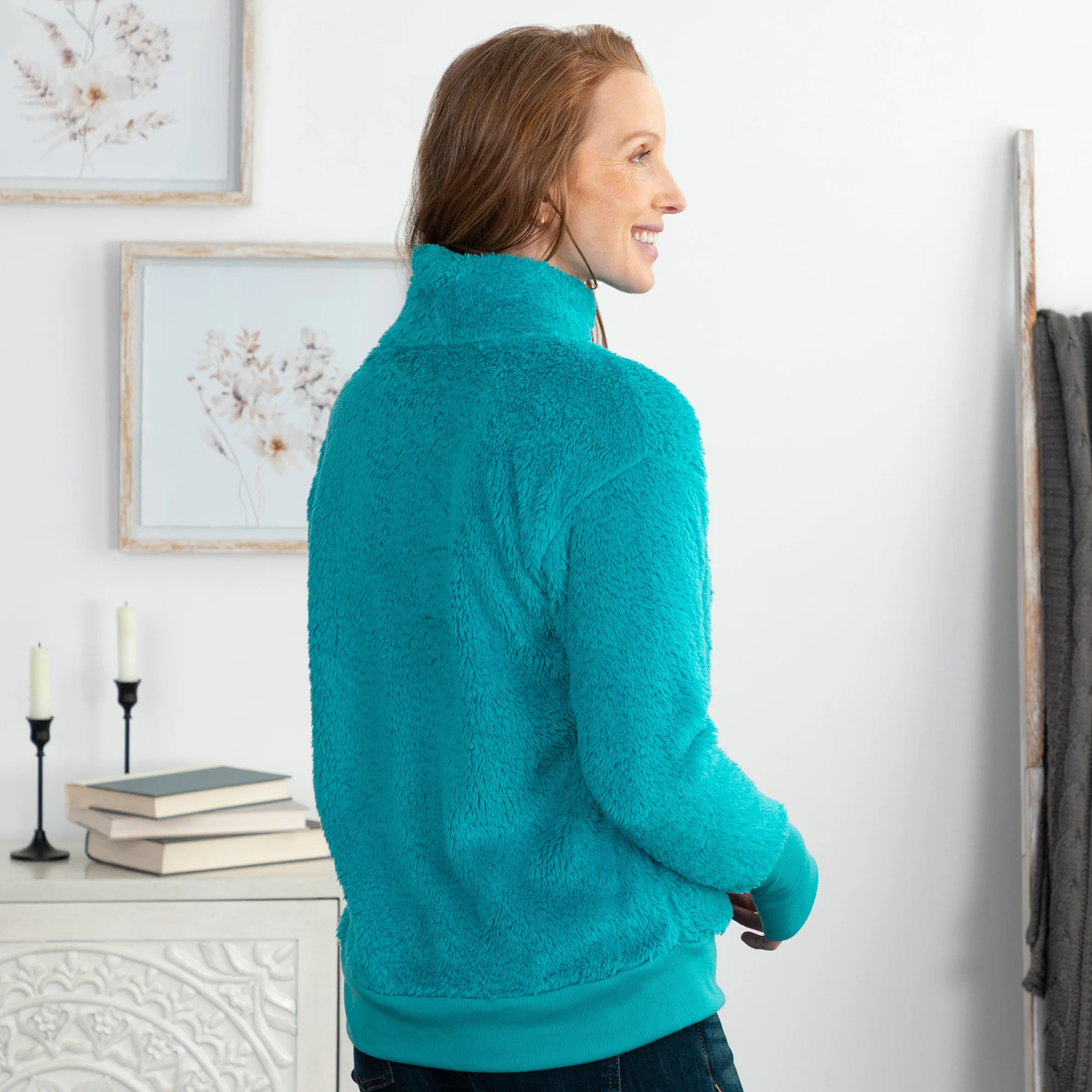 Paw Print Mock Neck Plush Sherpa Fleece Pullover with Thumb Holes - Image 7