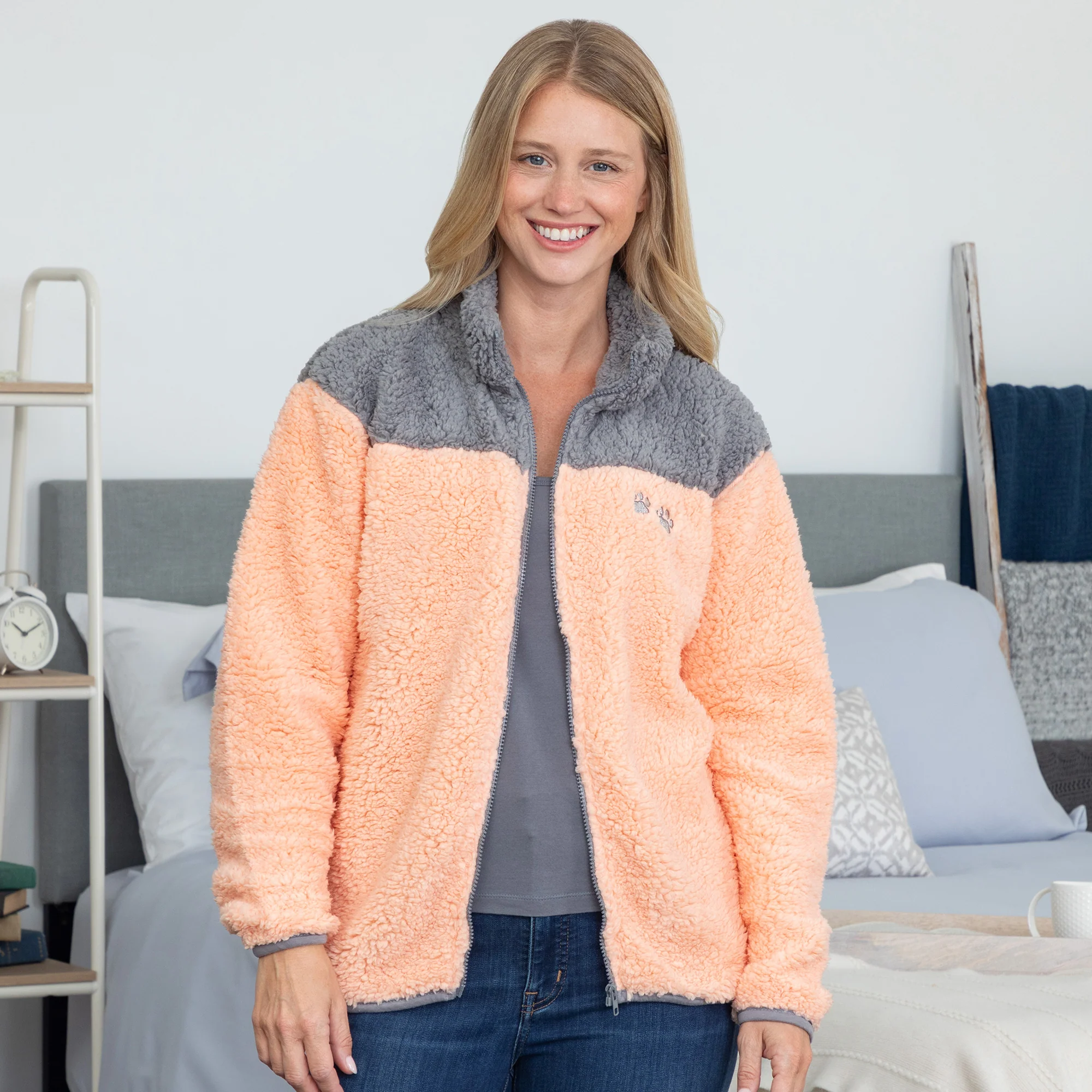 Paw Print Two-Toned Plush Sherpa Fleece Zip Up Jacket - Image 8