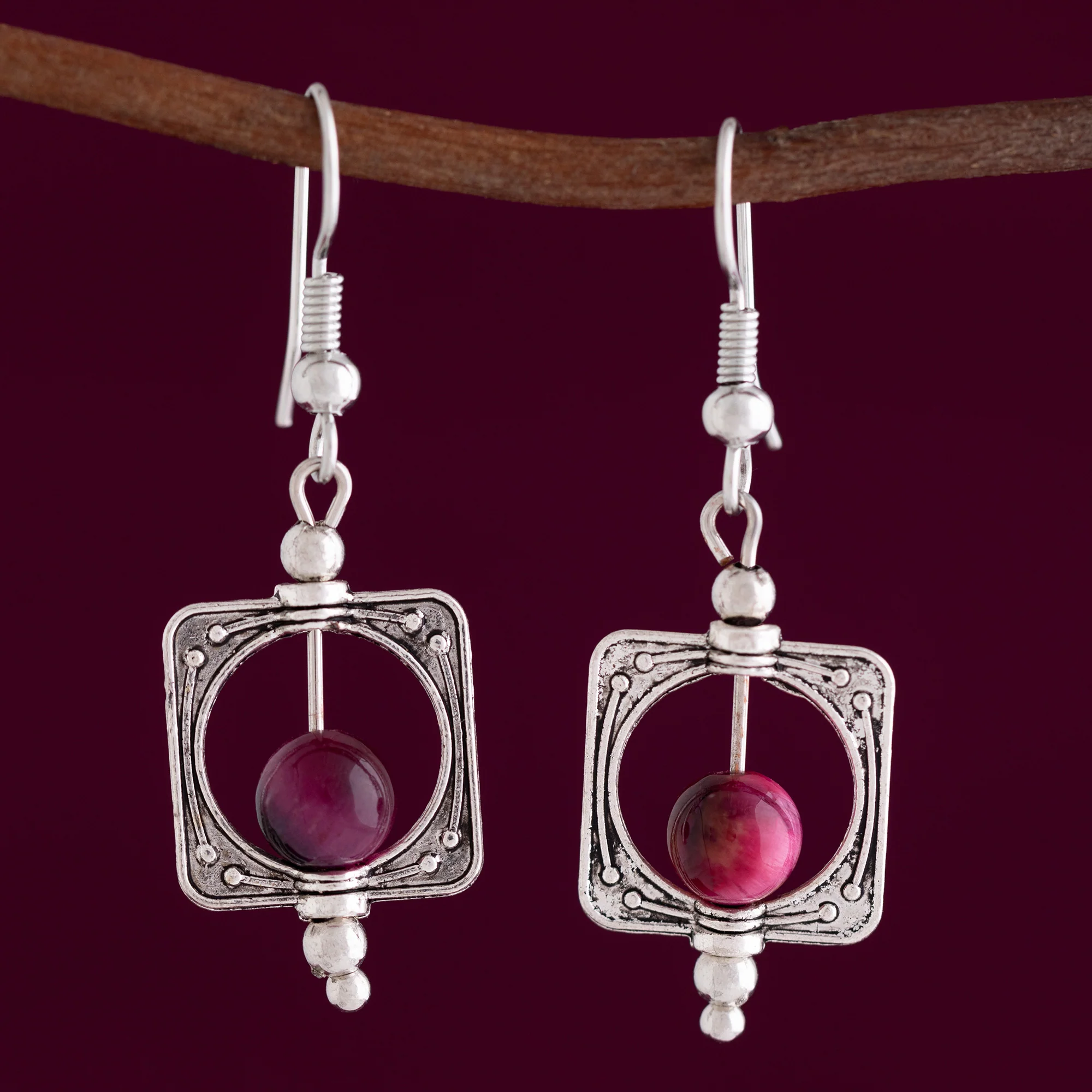 Square & Amethyst Bead Earrings - Image 2