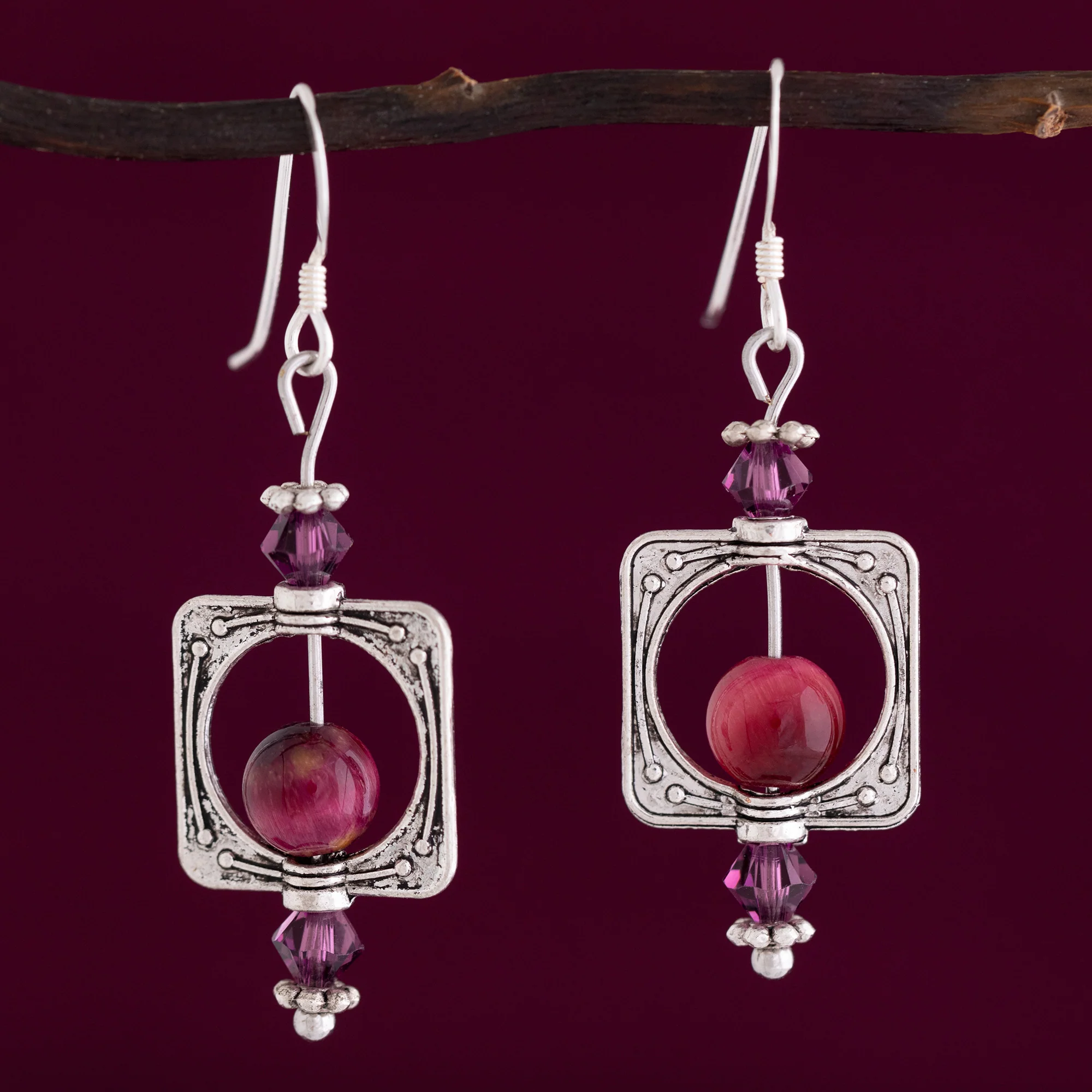 Square & Amethyst Bead Earrings - Image 4