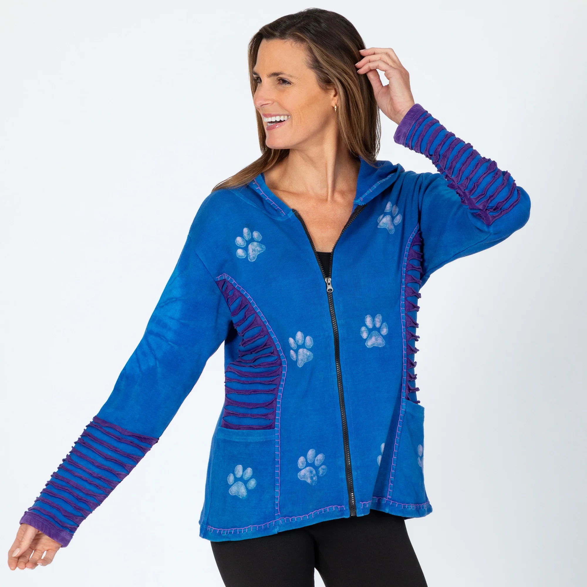 Blue & Purple Stonewashed Paw Print Hooded Jacket | Fair Trade - Image 10