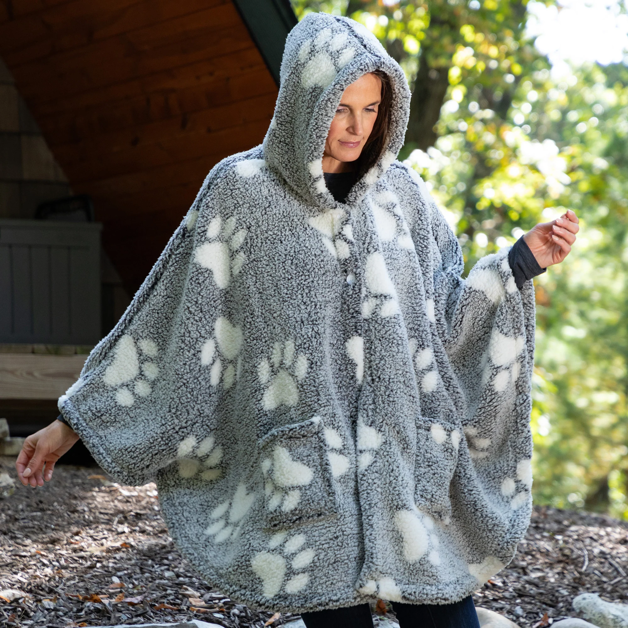 Cozy in Paws Plush Sherpa Fleece Hooded Cape with Pockets - Image 16