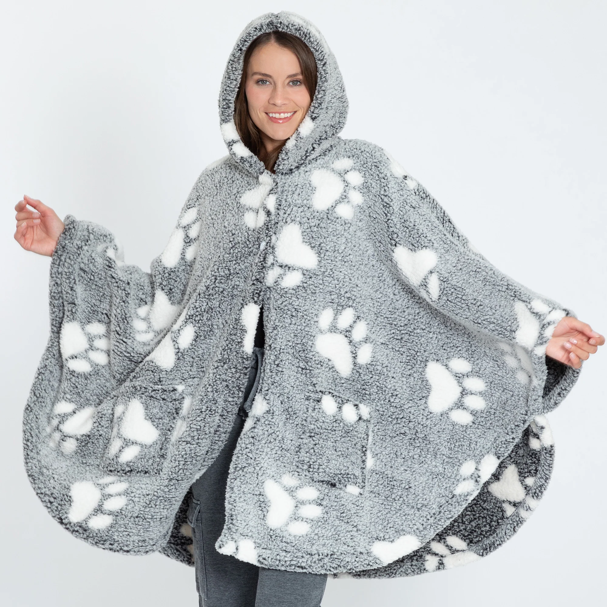 Cozy in Paws Plush Sherpa Fleece Hooded Cape with Pockets - Image 19