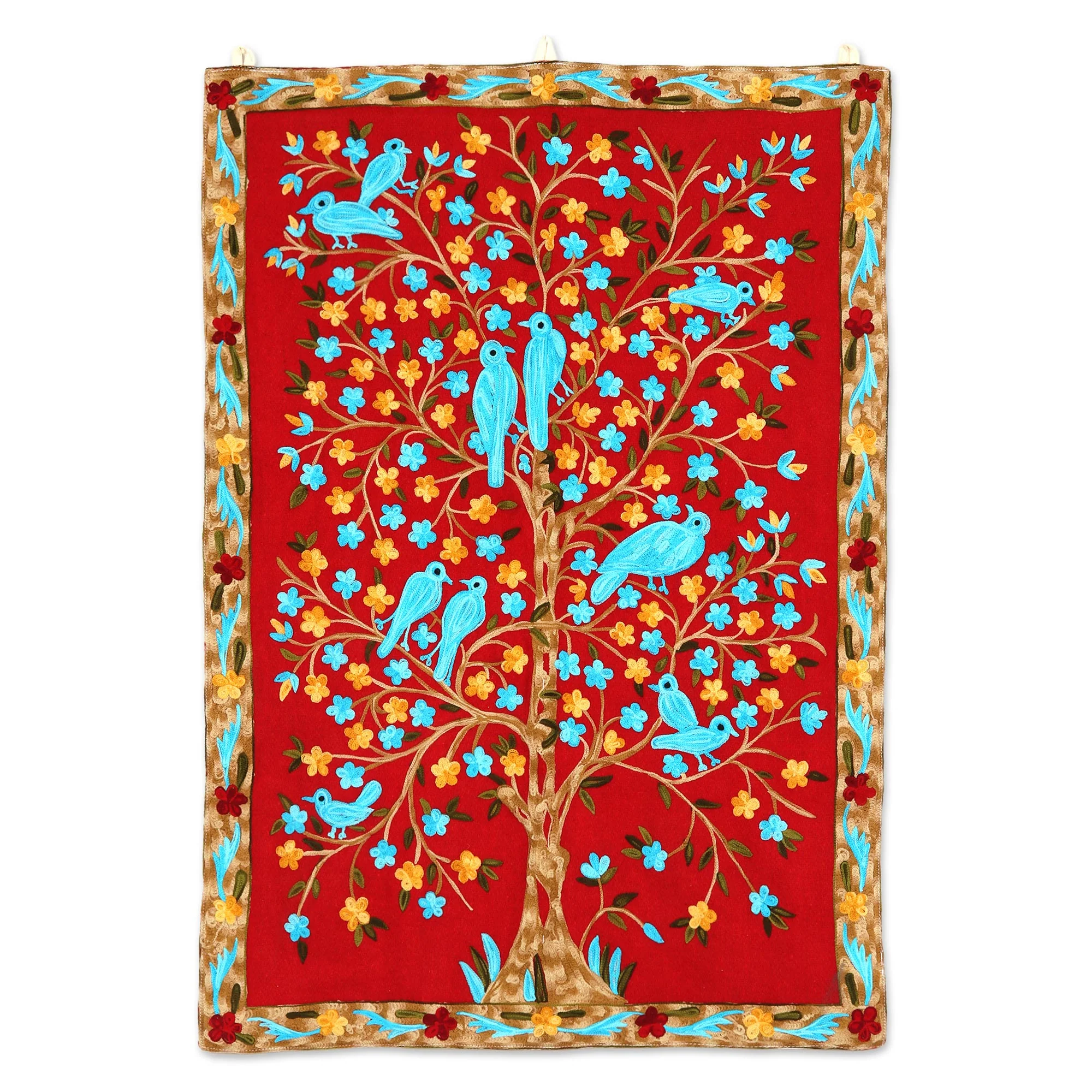 Abode of Birds II Bird-Themed Wool Chain Stitch Tapestry from India - Image 2
