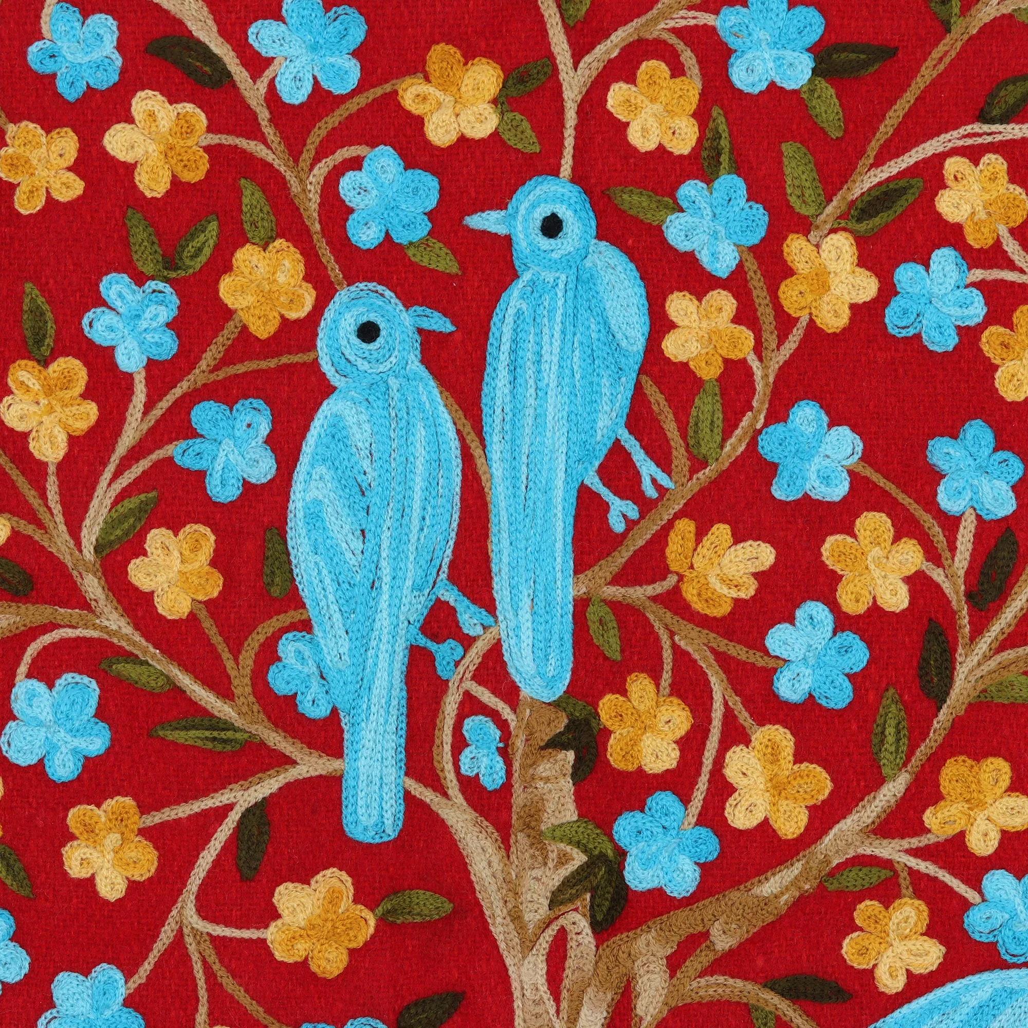 Abode of Birds II Bird-Themed Wool Chain Stitch Tapestry from India - Image 3