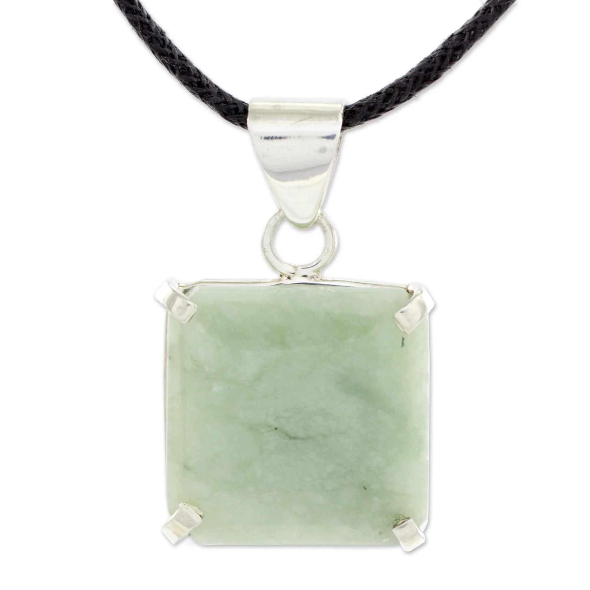 Abstract Square Handcrafted Silver and Apple Green Maya Jade Necklace - Image 2