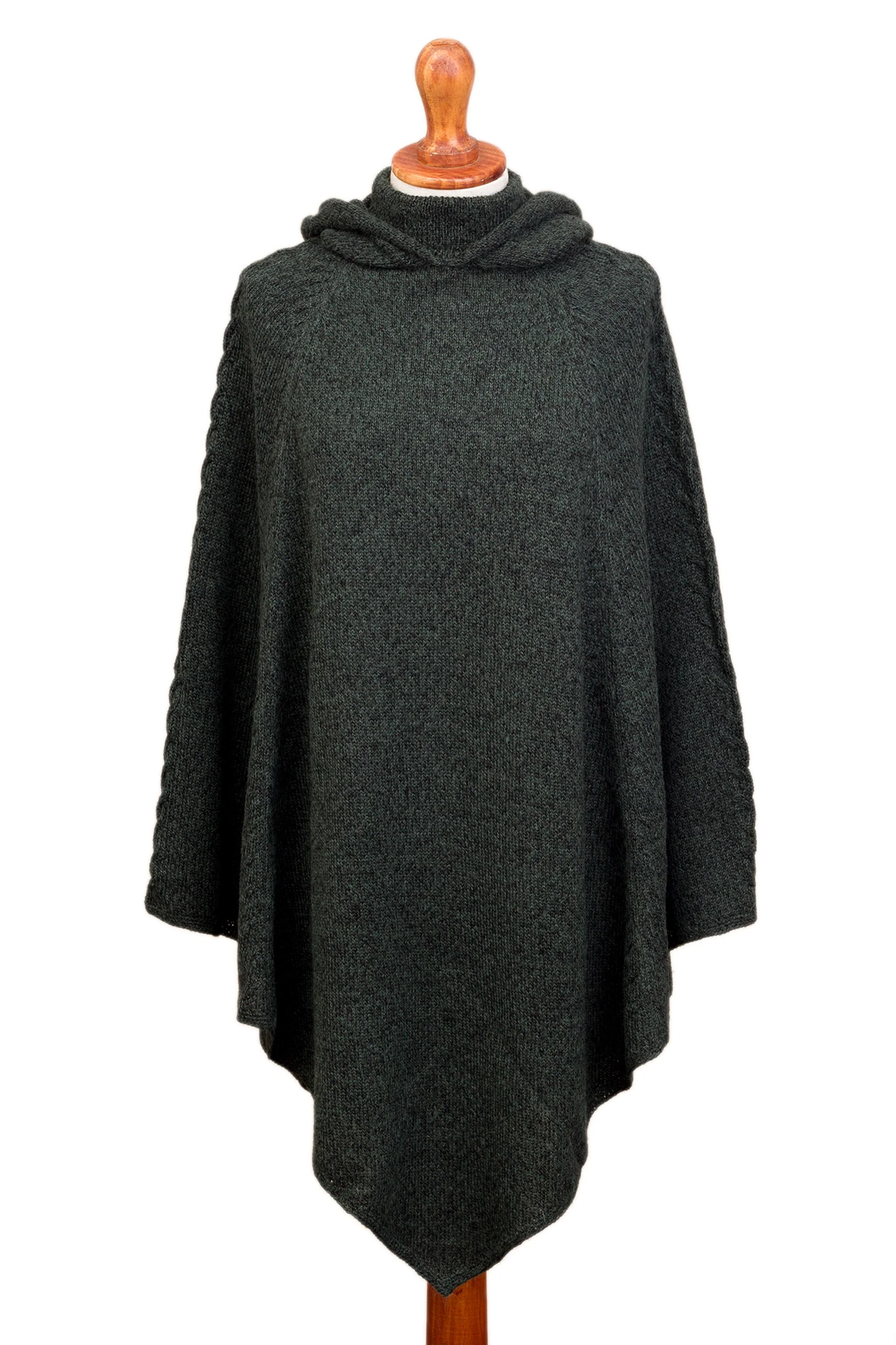 Adventurous Style in Moss Knit Alpaca Blend Hooded Poncho in Moss from Peru - Image 2
